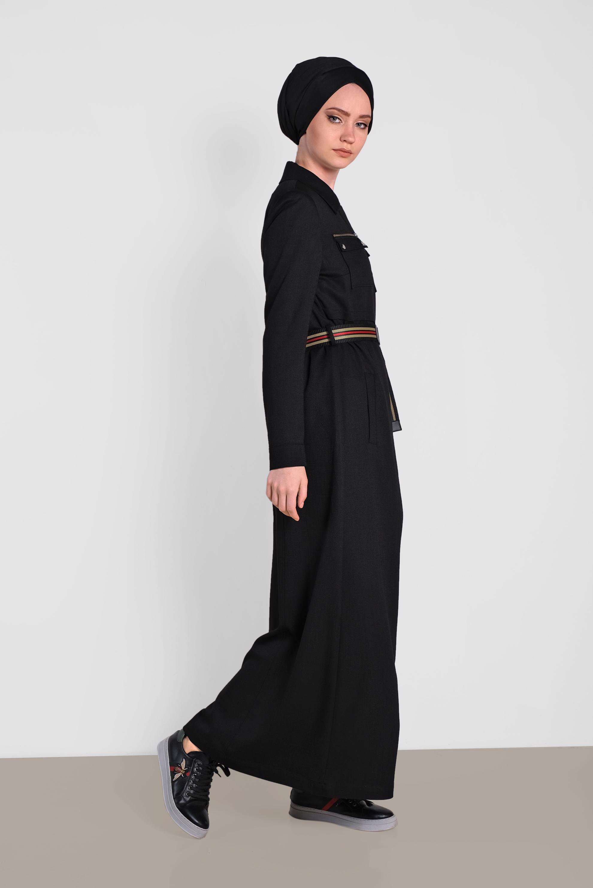 Hijab clothing BLACK Hidden Button Belted Overcoat 1446 