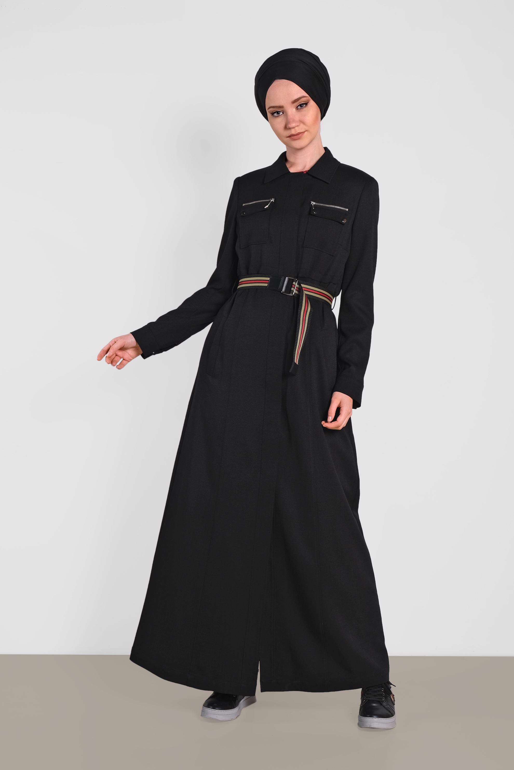 Hijab clothing BLACK Hidden Button Belted Overcoat 1446 