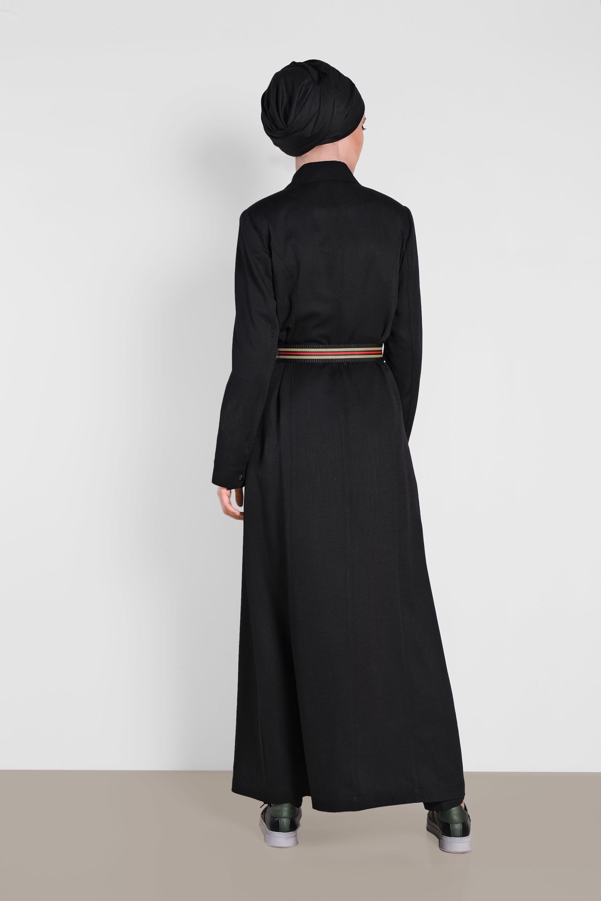Hijab clothing BLACK Hidden Button Belted Overcoat 1446 