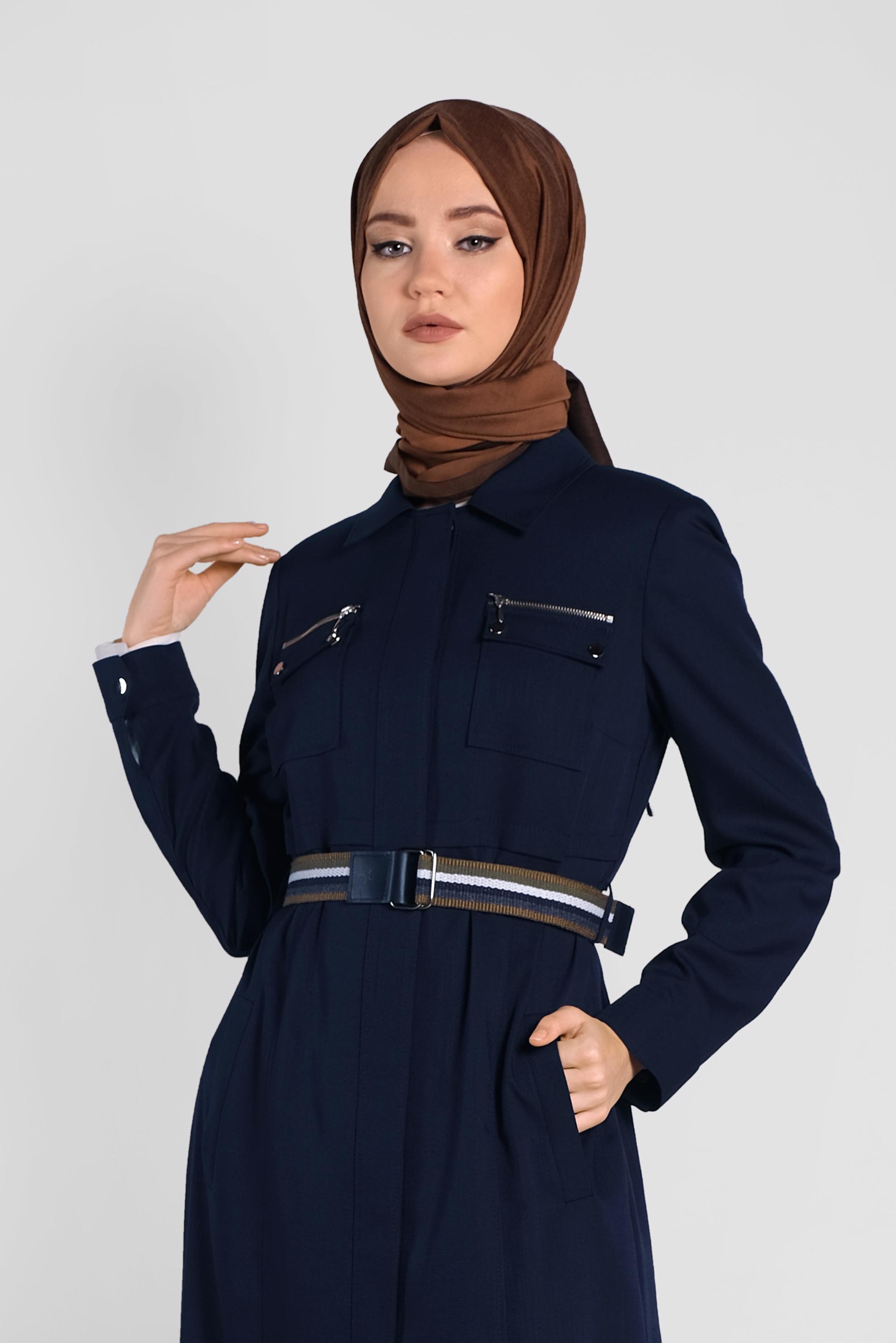 Hijab clothing NAVY BLUE Hidden Button Belted Overcoat 1446 