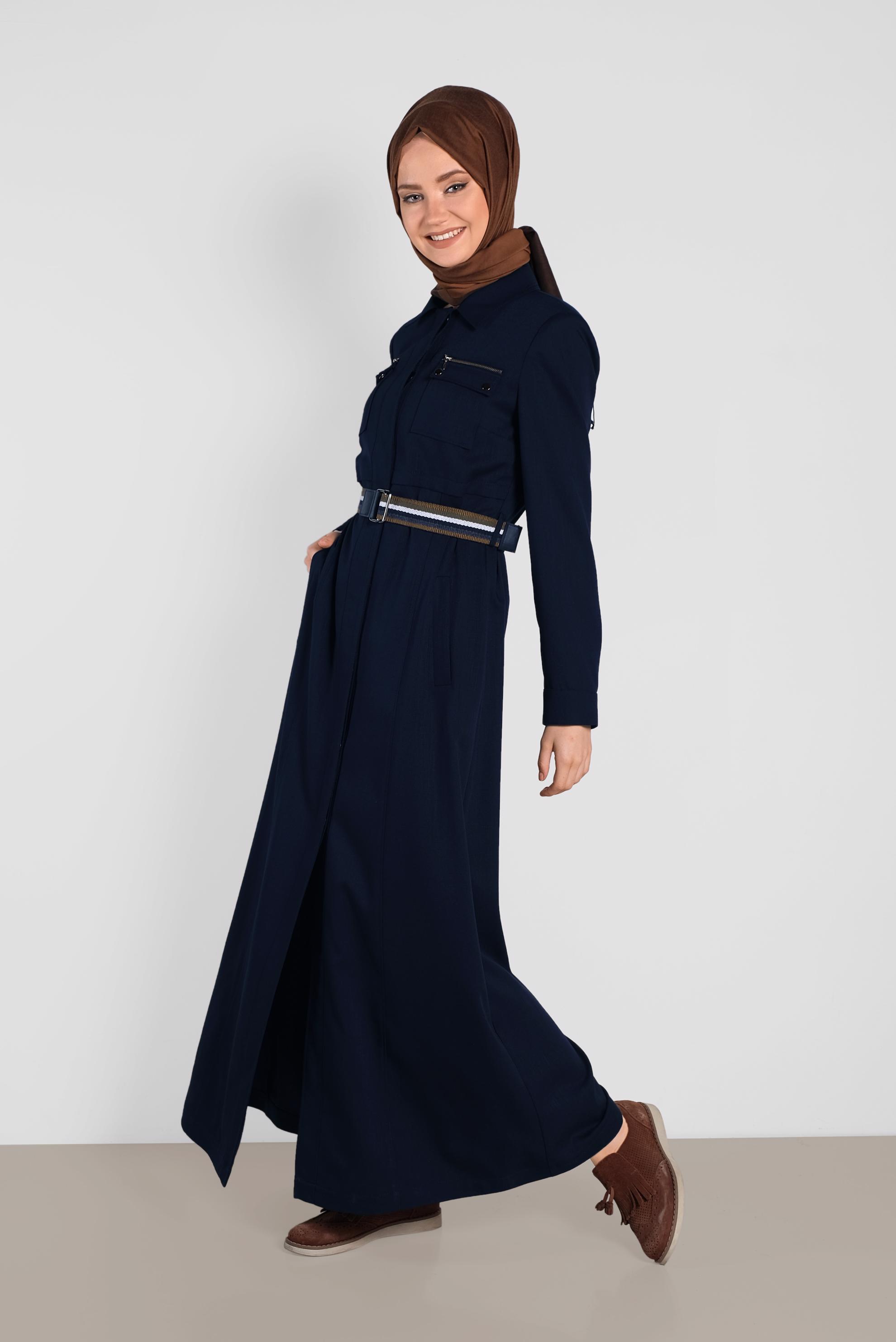 Hijab clothing NAVY BLUE Hidden Button Belted Overcoat 1446 