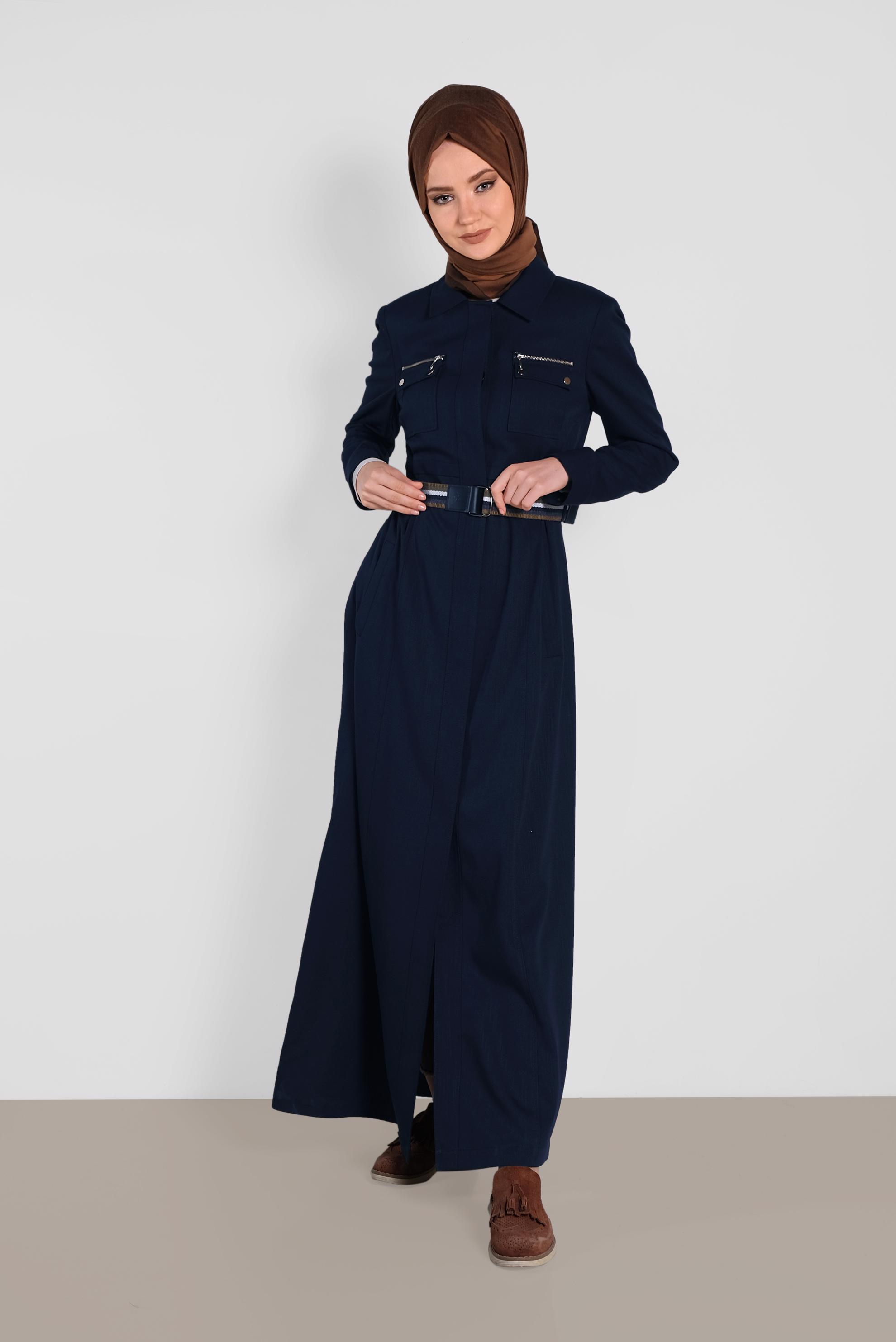 Hijab clothing NAVY BLUE Hidden Button Belted Overcoat 1446 