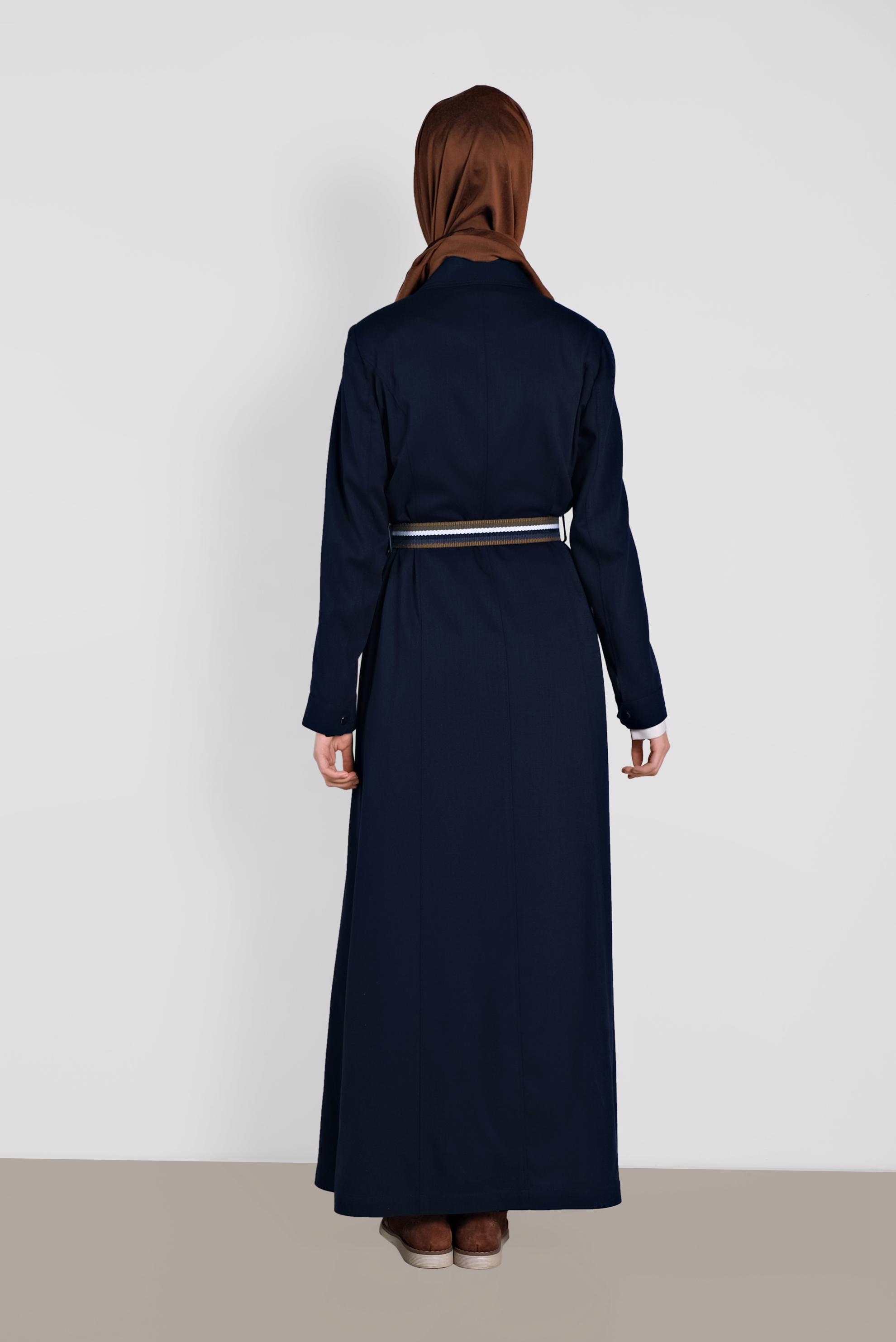 Hijab clothing NAVY BLUE Hidden Button Belted Overcoat 1446 