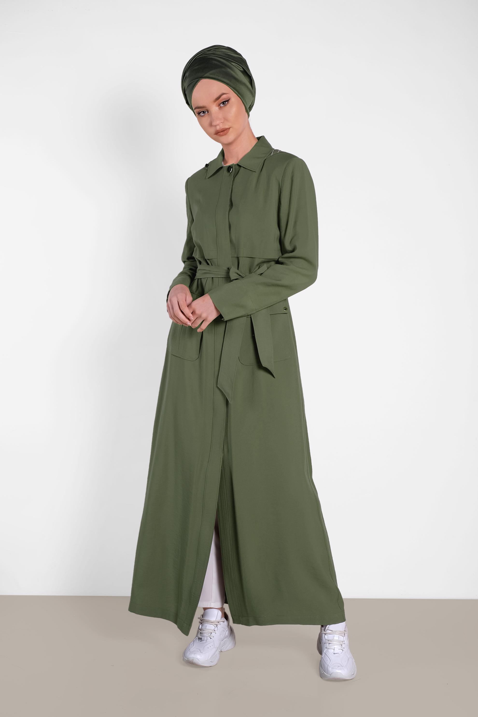 Hijab clothing KHAKI Hidden Button Hooded Overcoat 1453 