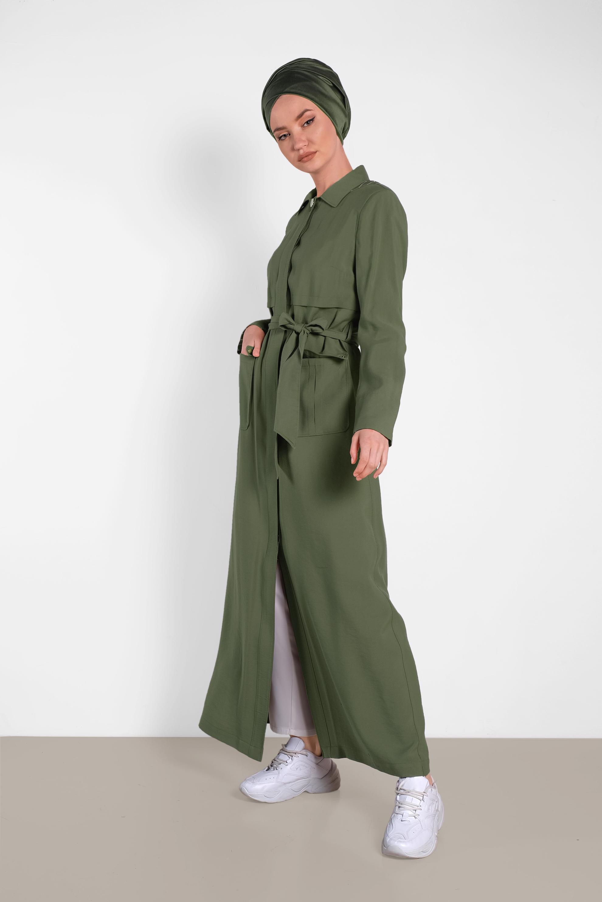Hijab clothing KHAKI Hidden Button Hooded Overcoat 1453 