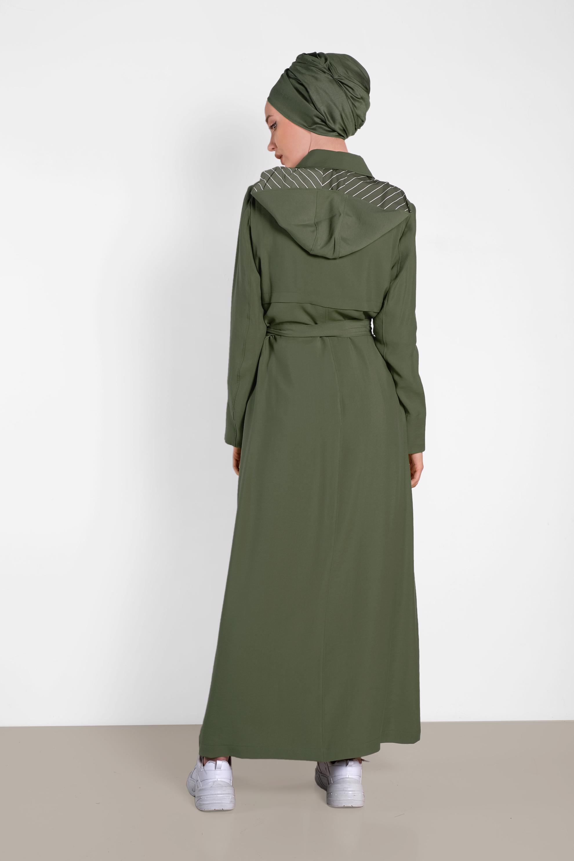 Hijab clothing KHAKI Hidden Button Hooded Overcoat 1453 