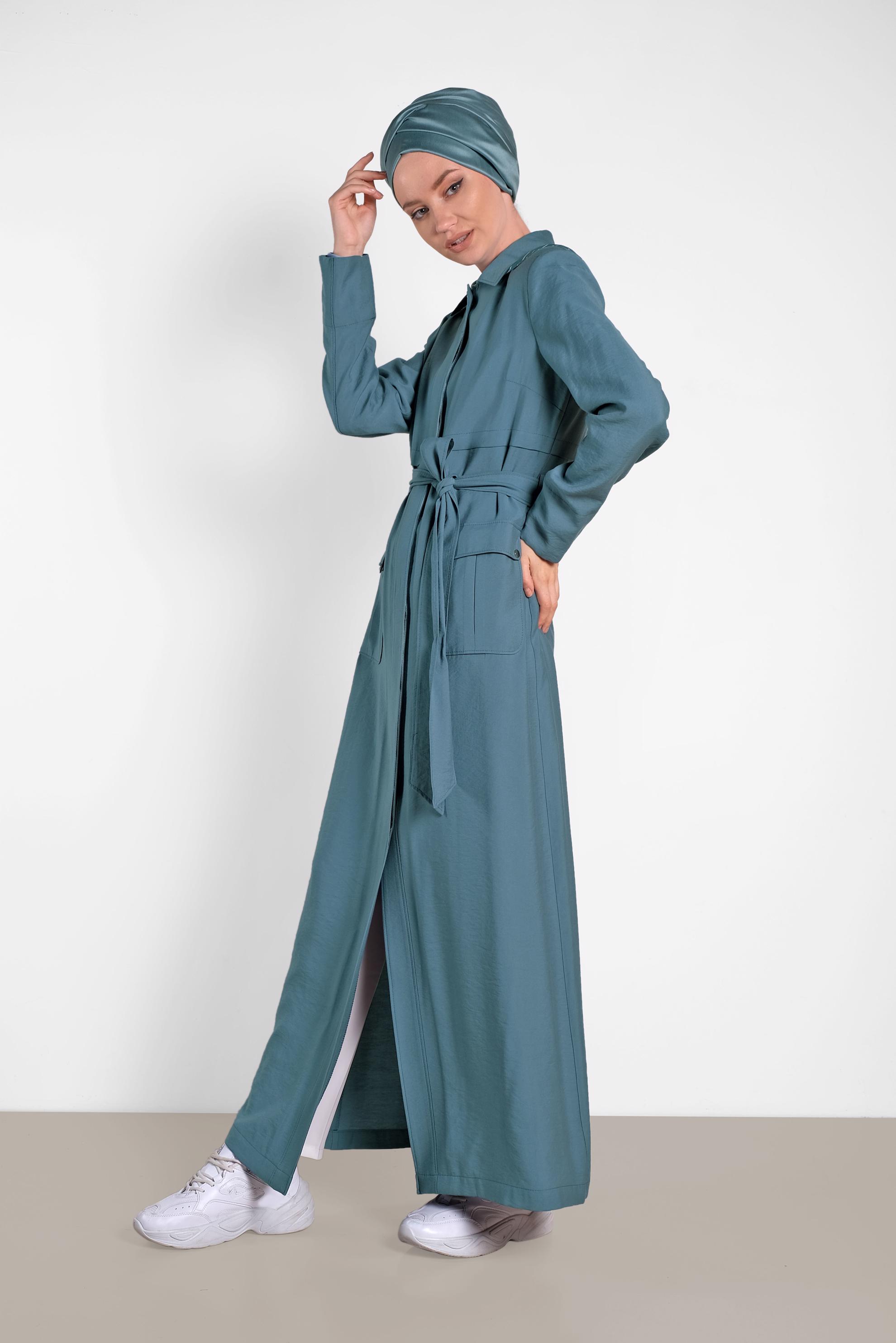 Tesettür giyim MAVİ GİZLİ DÜĞMELİ KAPÜŞONLU PARDESÜ 1453