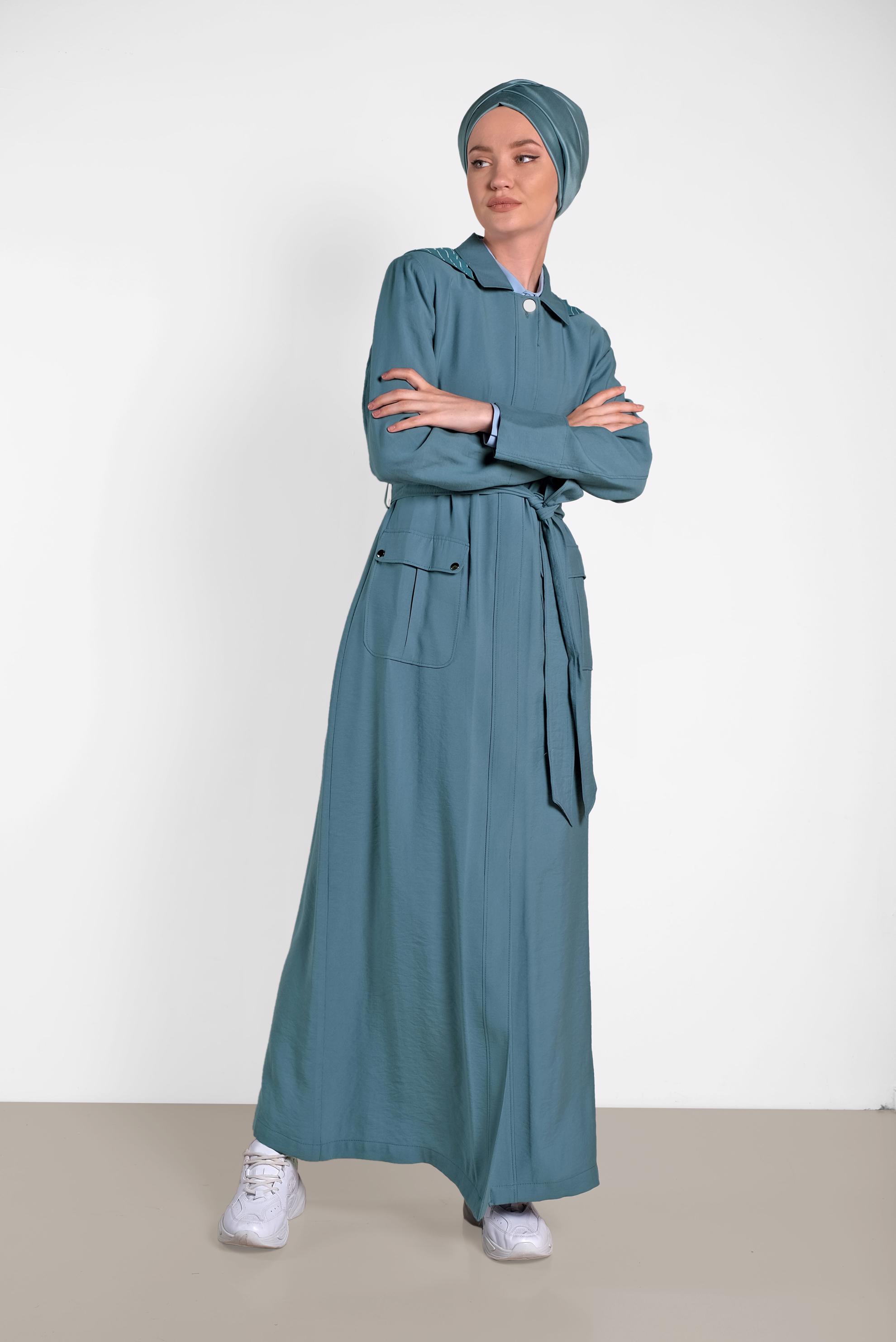 Tesettür giyim MAVİ GİZLİ DÜĞMELİ KAPÜŞONLU PARDESÜ 1453