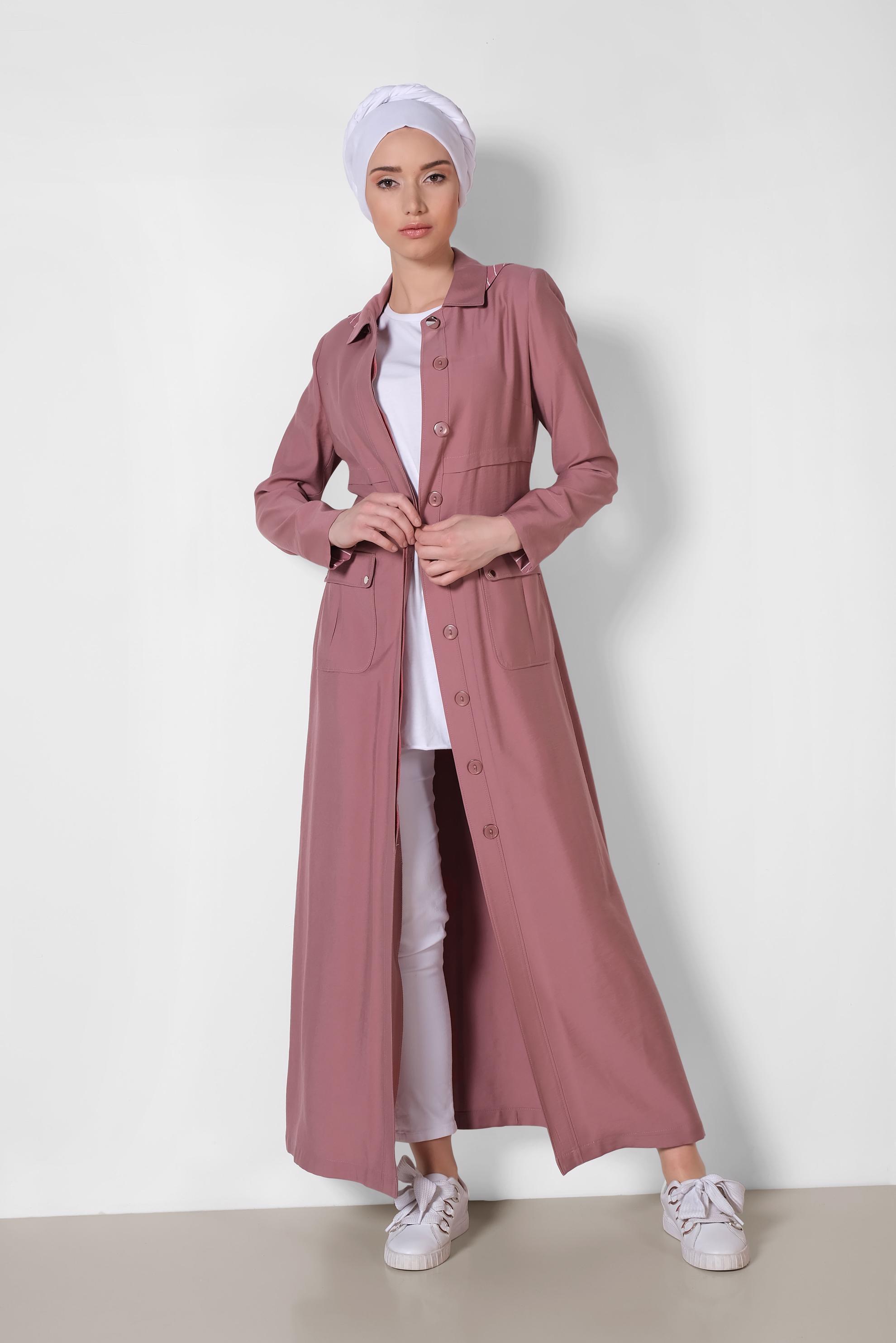 Tesettür giyim PEMBE GİZLİ DÜĞMELİ KAPÜŞONLU PARDESÜ 1453