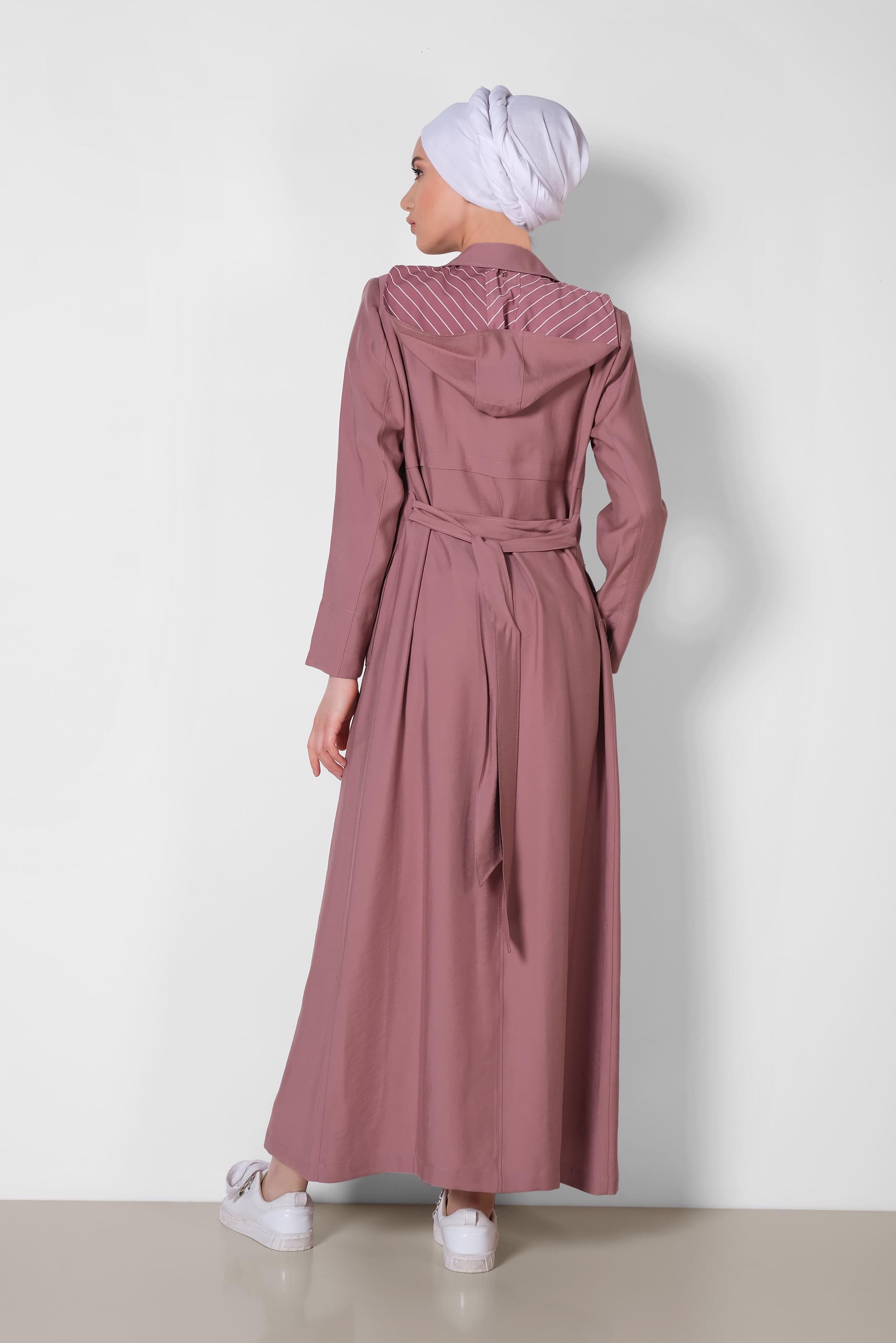 Tesettür giyim PEMBE GİZLİ DÜĞMELİ KAPÜŞONLU PARDESÜ 1453