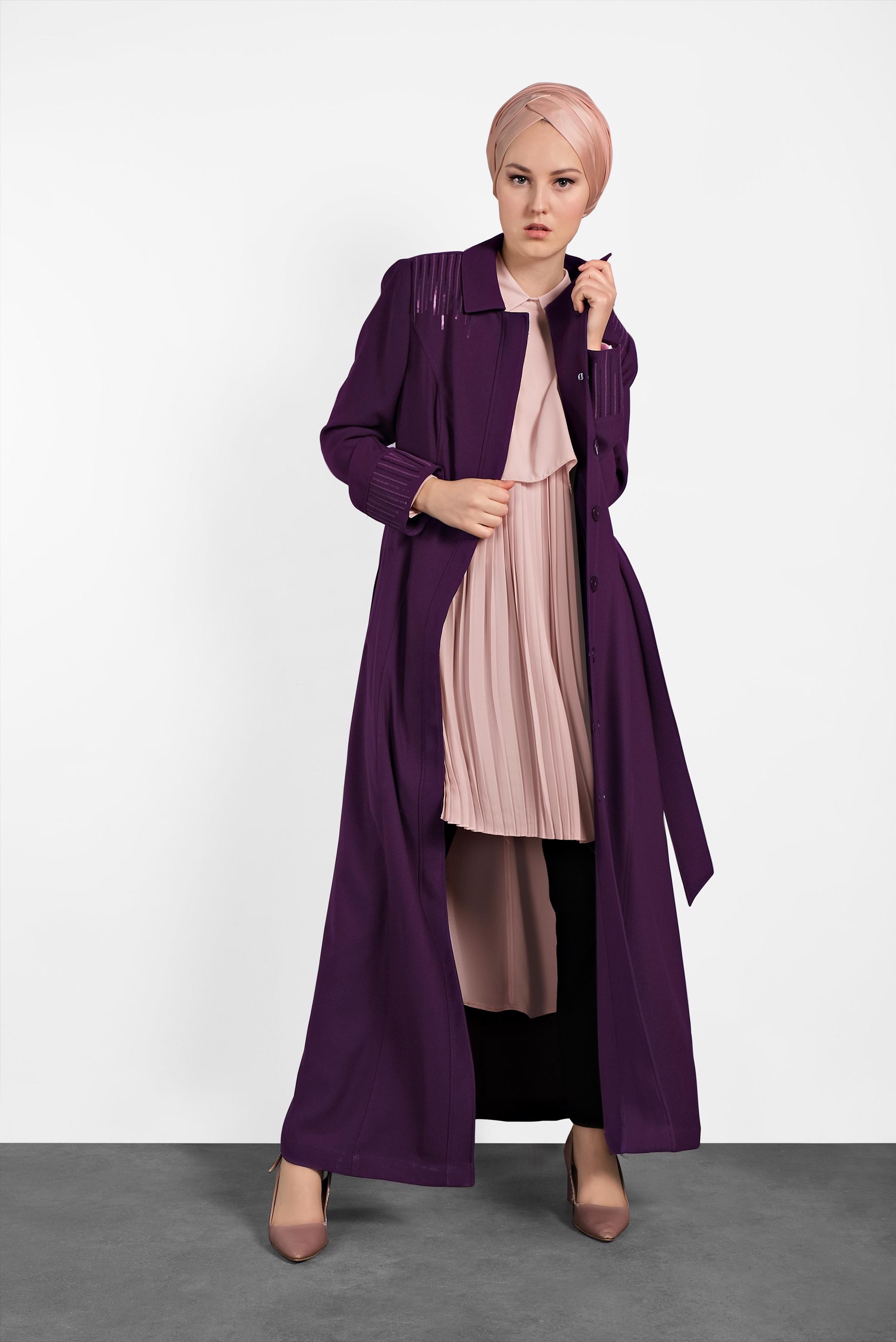 Tesettür giyim MOR GİZLİ DÜĞMELİ PARDESÜ 1455