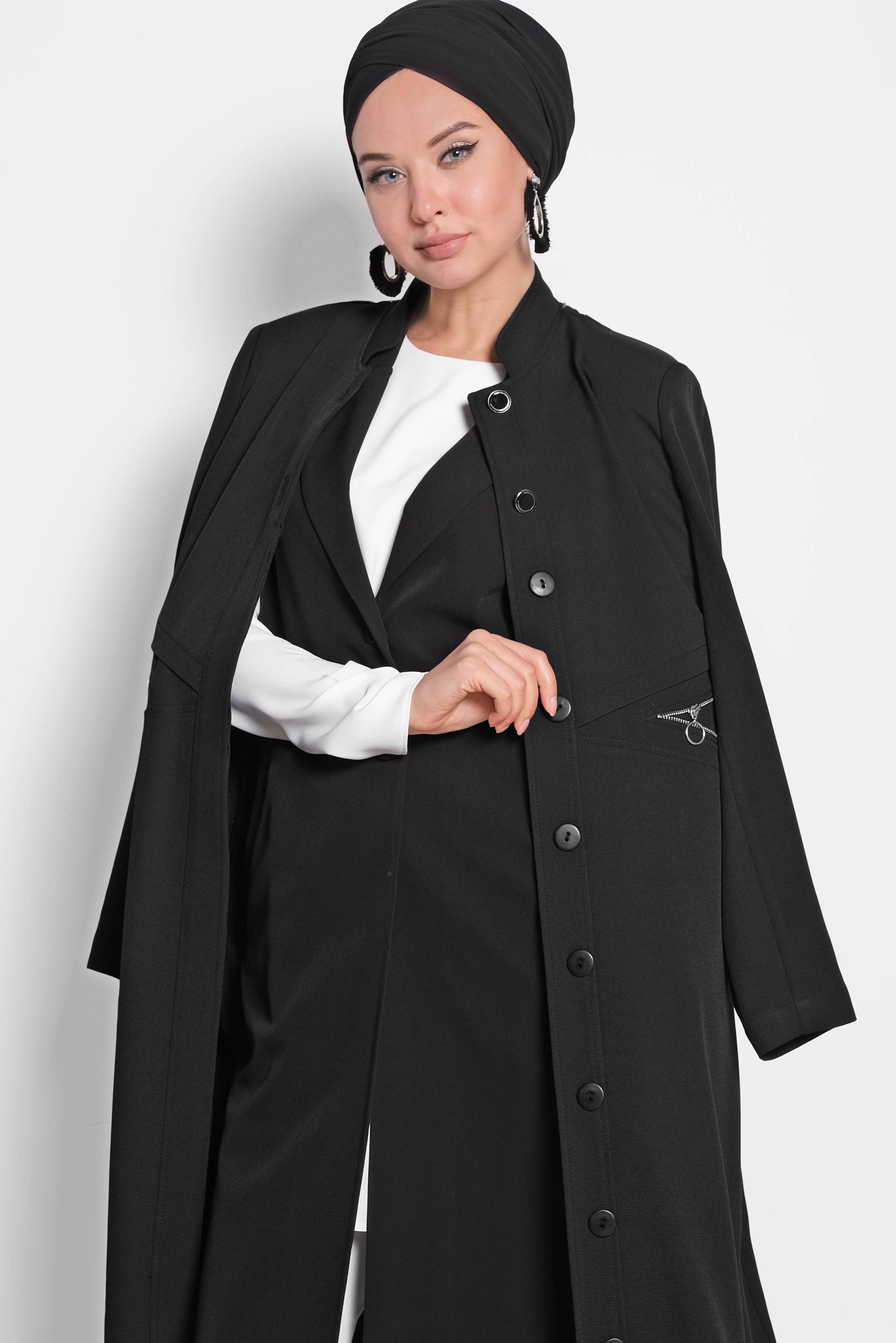 Tesettür giyim SİYAH BEL VE SIRT FERMUAR DETAYLI PARDESÜ 1456 