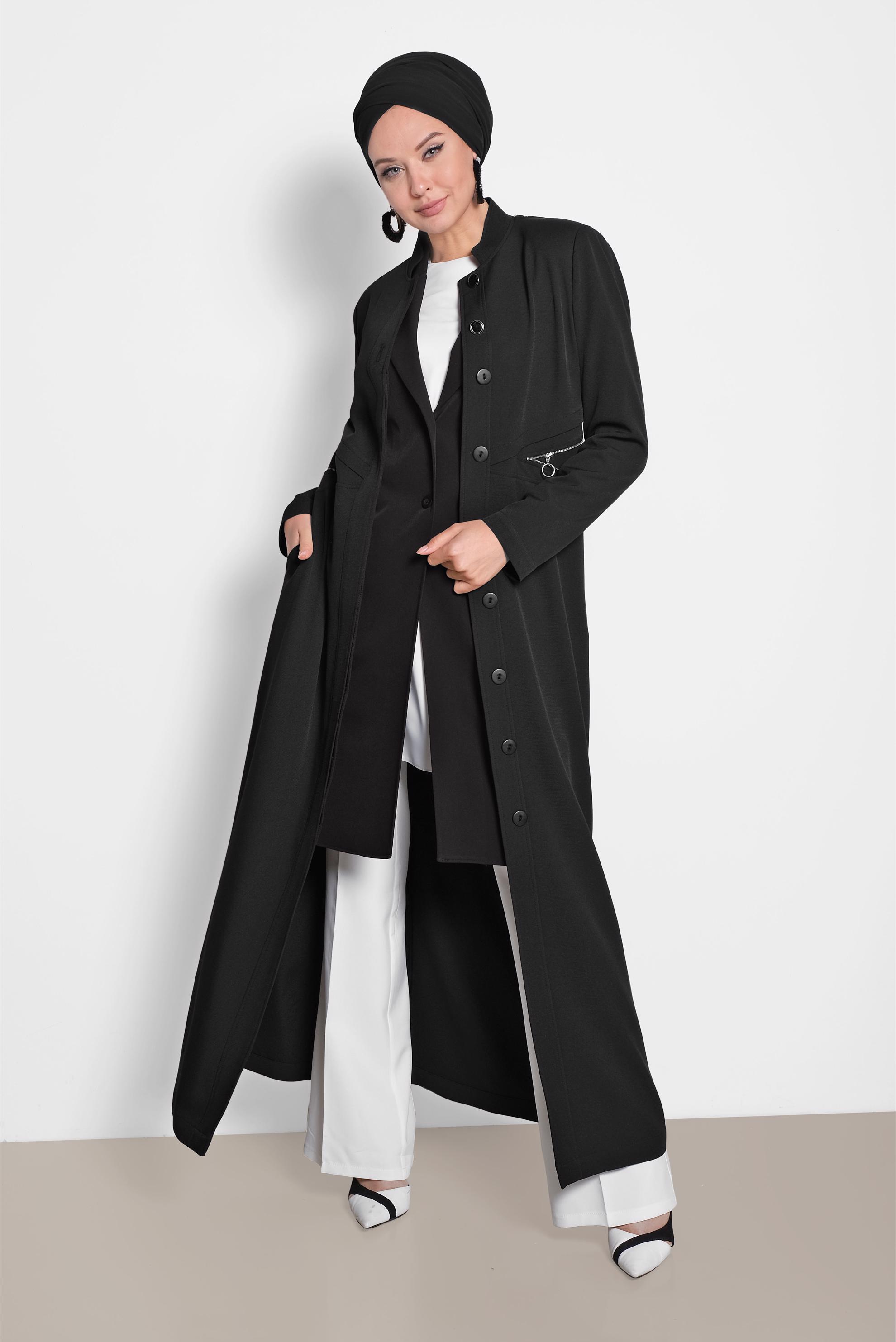 Tesettür giyim SİYAH BEL VE SIRT FERMUAR DETAYLI PARDESÜ 1456 