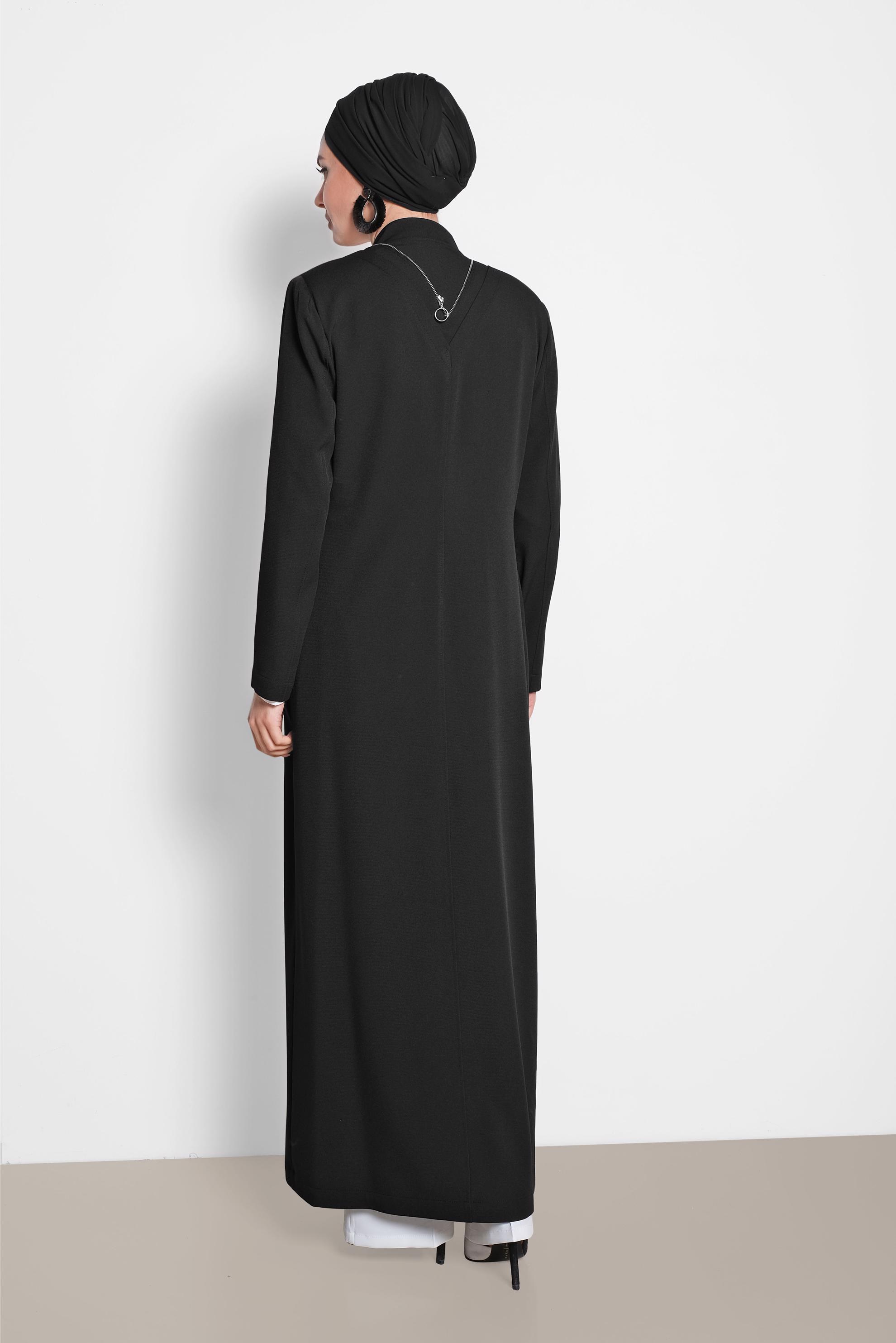 Tesettür giyim SİYAH BEL VE SIRT FERMUAR DETAYLI PARDESÜ 1456 