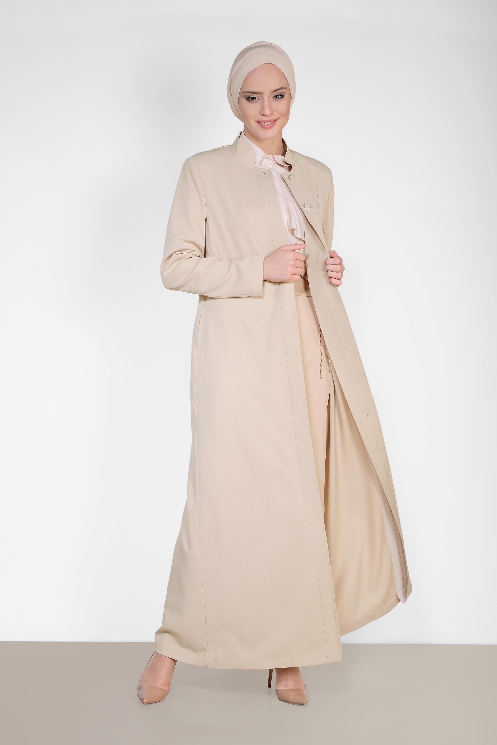 Tesettür giyim BEJ BEL VE SIRT FERMUAR DETAYLI PARDESÜ 1456 