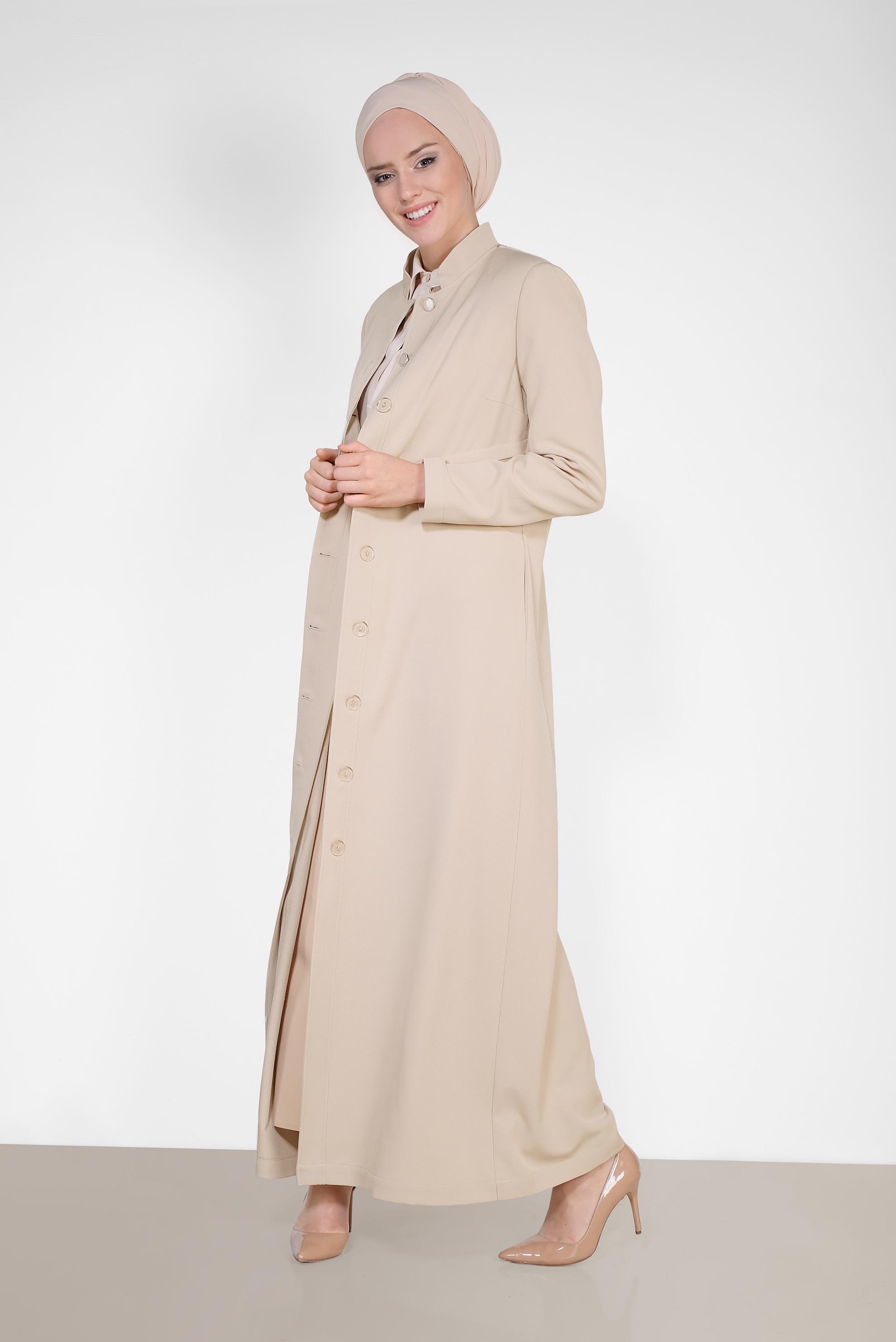 Tesettür giyim BEJ BEL VE SIRT FERMUAR DETAYLI PARDESÜ 1456 