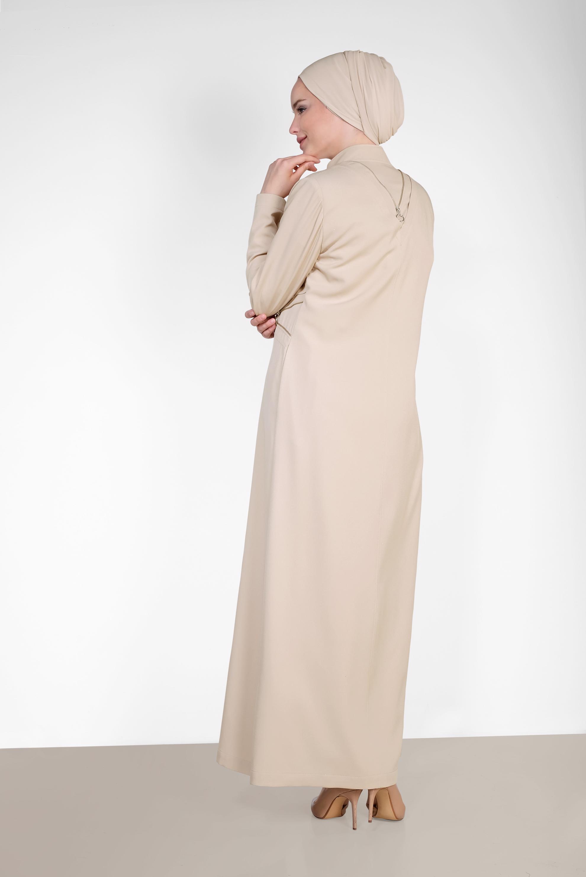 Tesettür giyim BEJ BEL VE SIRT FERMUAR DETAYLI PARDESÜ 1456 