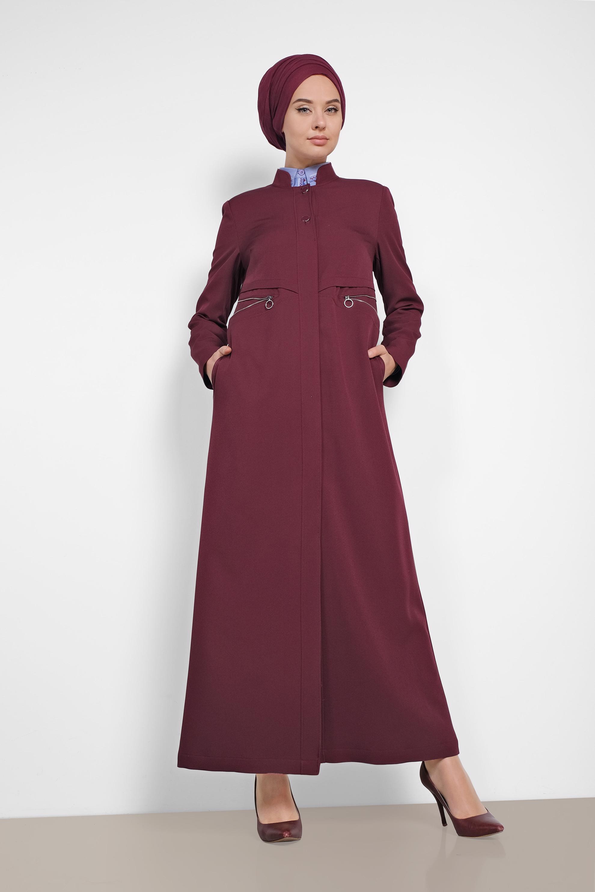 Tesettür giyim BORDO BEL VE SIRT FERMUAR DETAYLI PARDESÜ 1456 