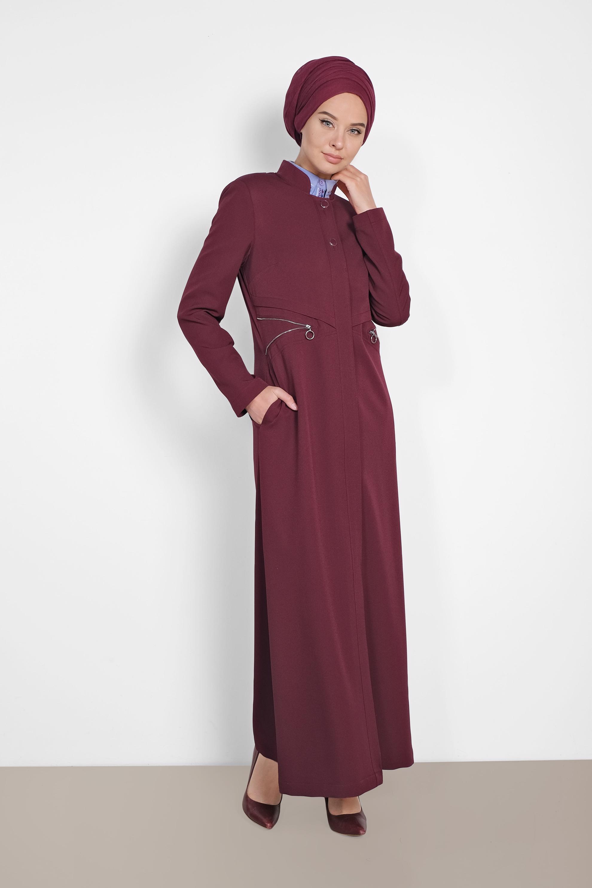Tesettür giyim BORDO BEL VE SIRT FERMUAR DETAYLI PARDESÜ 1456 