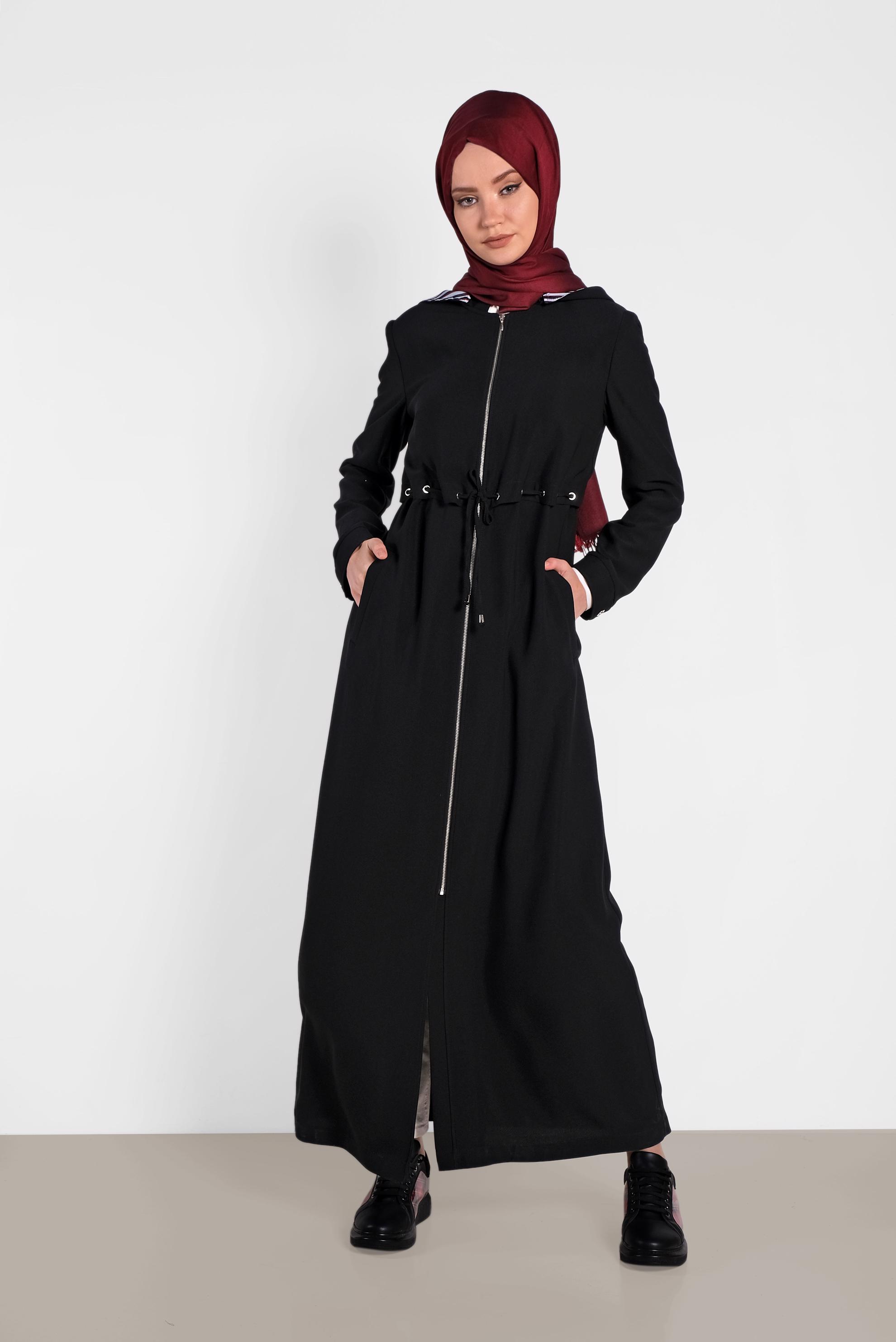 Tesettür giyim SİYAH FERMUARLI KAPÜŞONLU PARDESÜ 1457