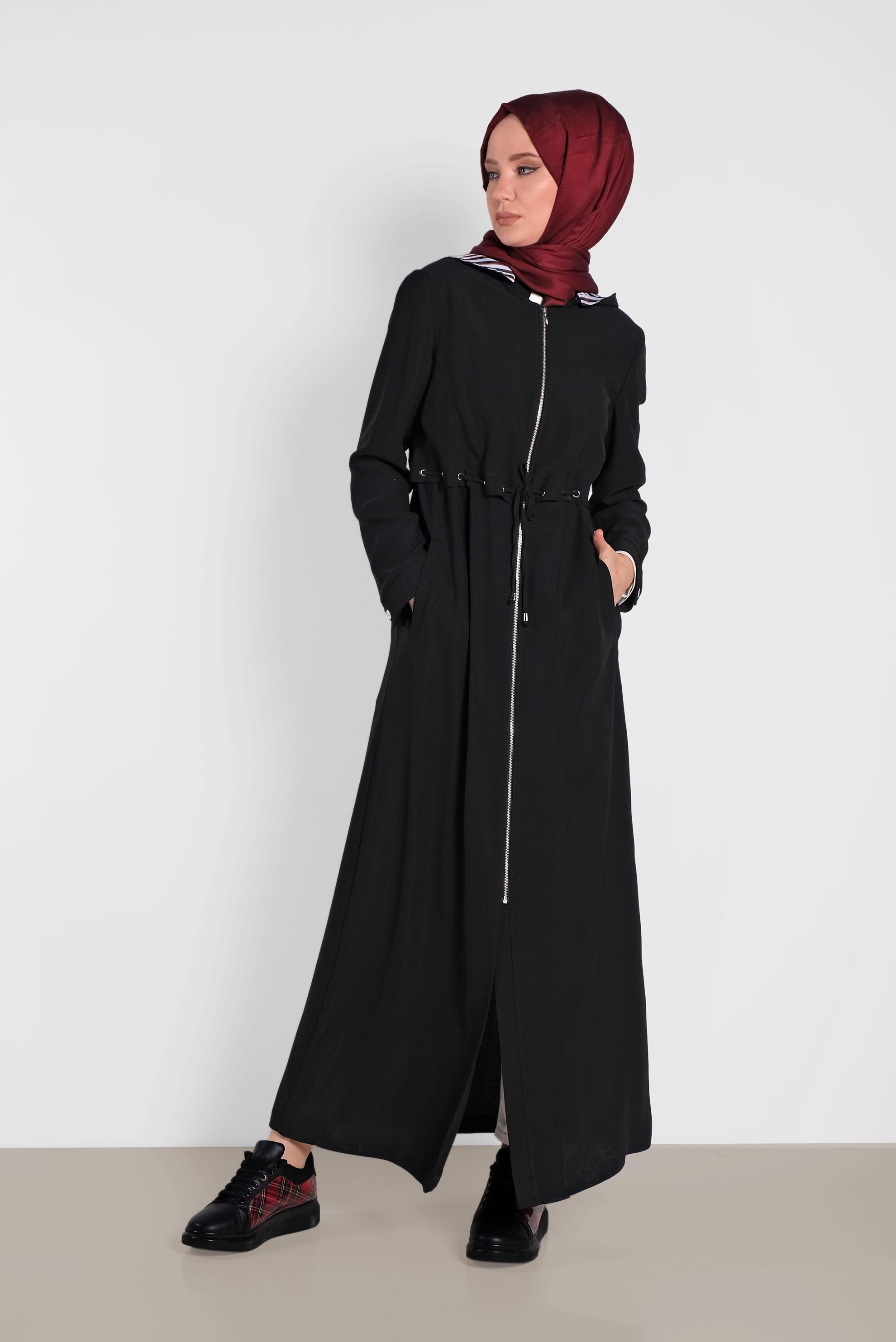 Tesettür giyim SİYAH FERMUARLI KAPÜŞONLU PARDESÜ 1457