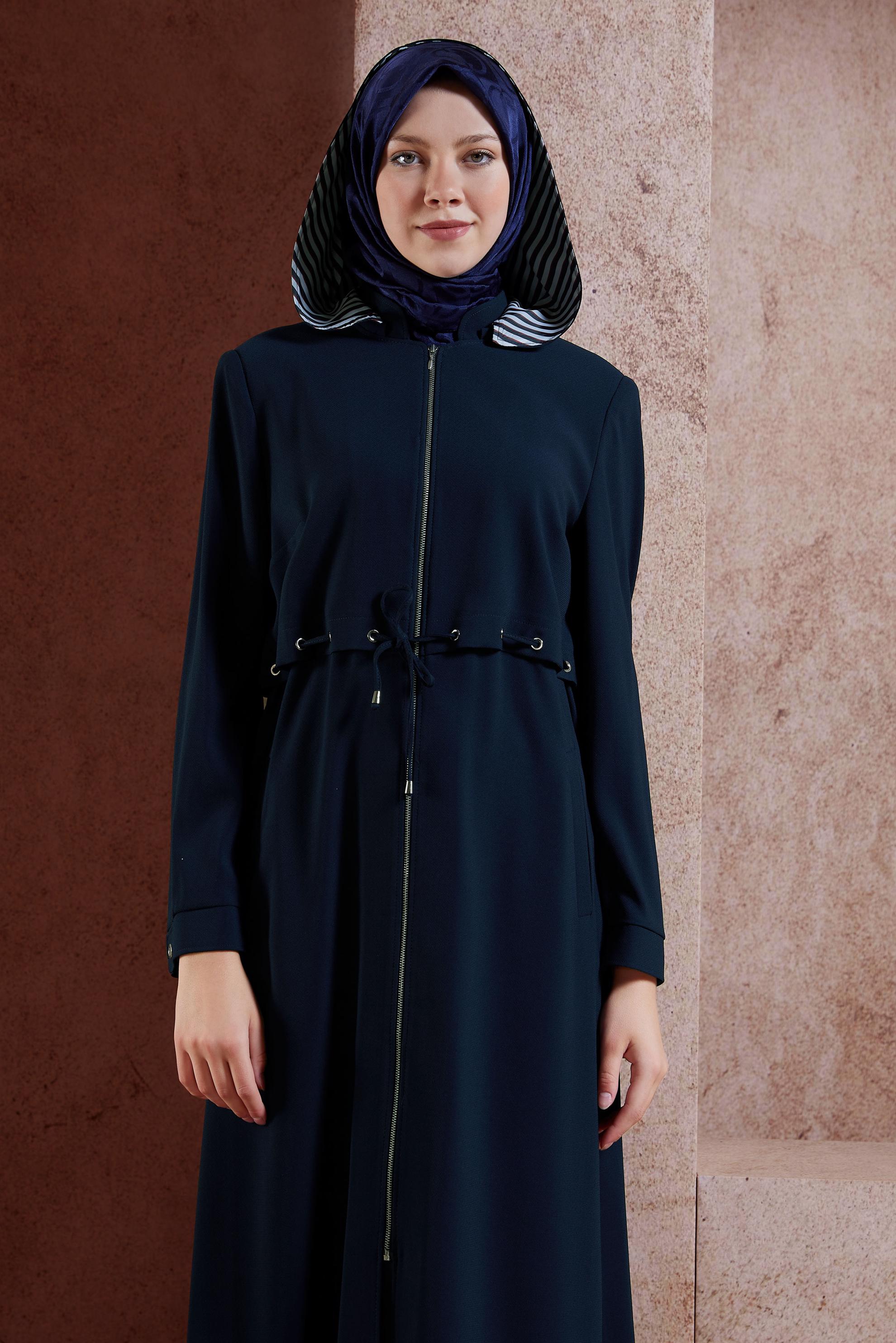 Tesettür giyim LACİVERT FERMUARLI KAPÜŞONLU PARDESÜ 1457