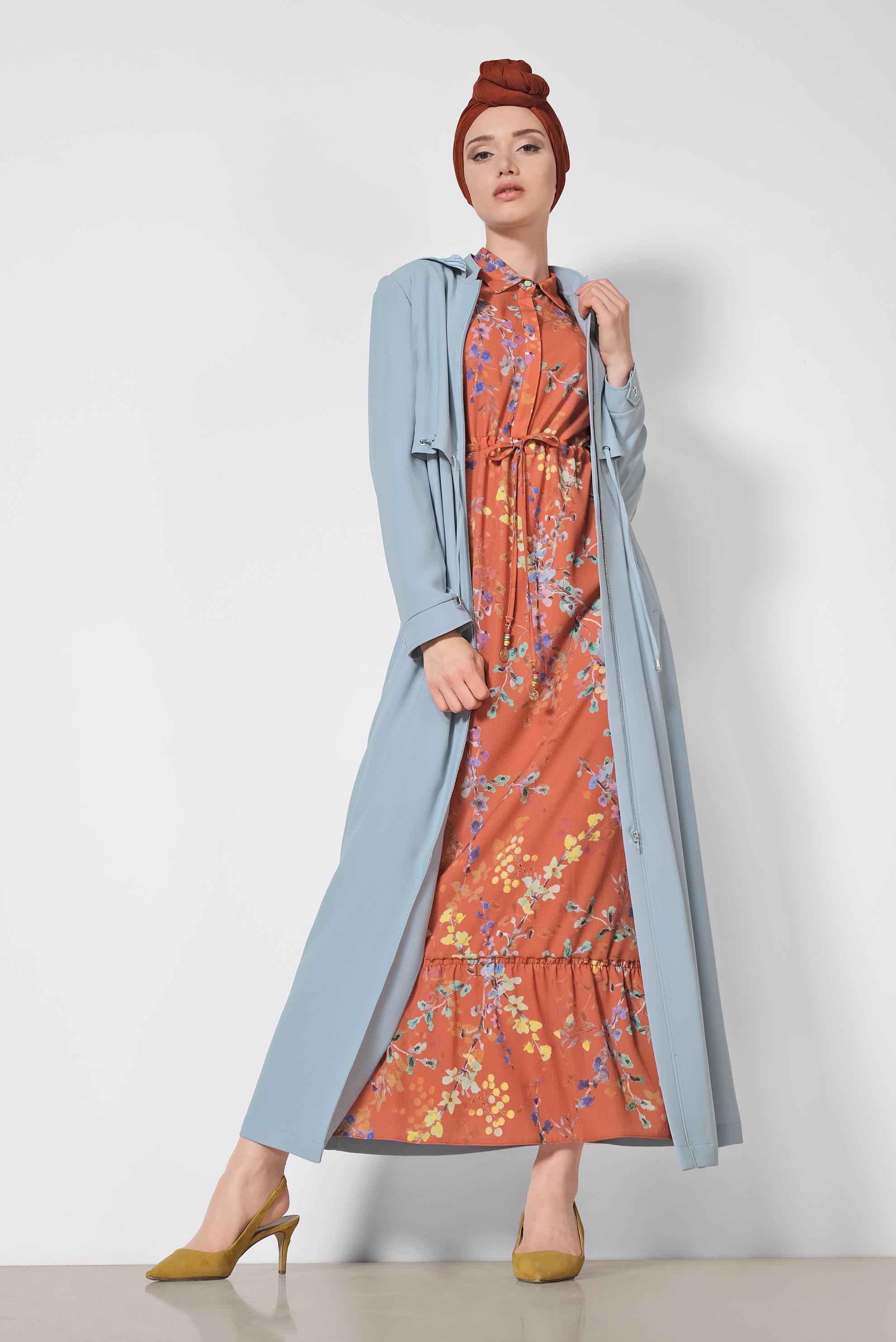 Tesettür giyim MAVİ FERMUARLI KAPÜŞONLU PARDESÜ 1457