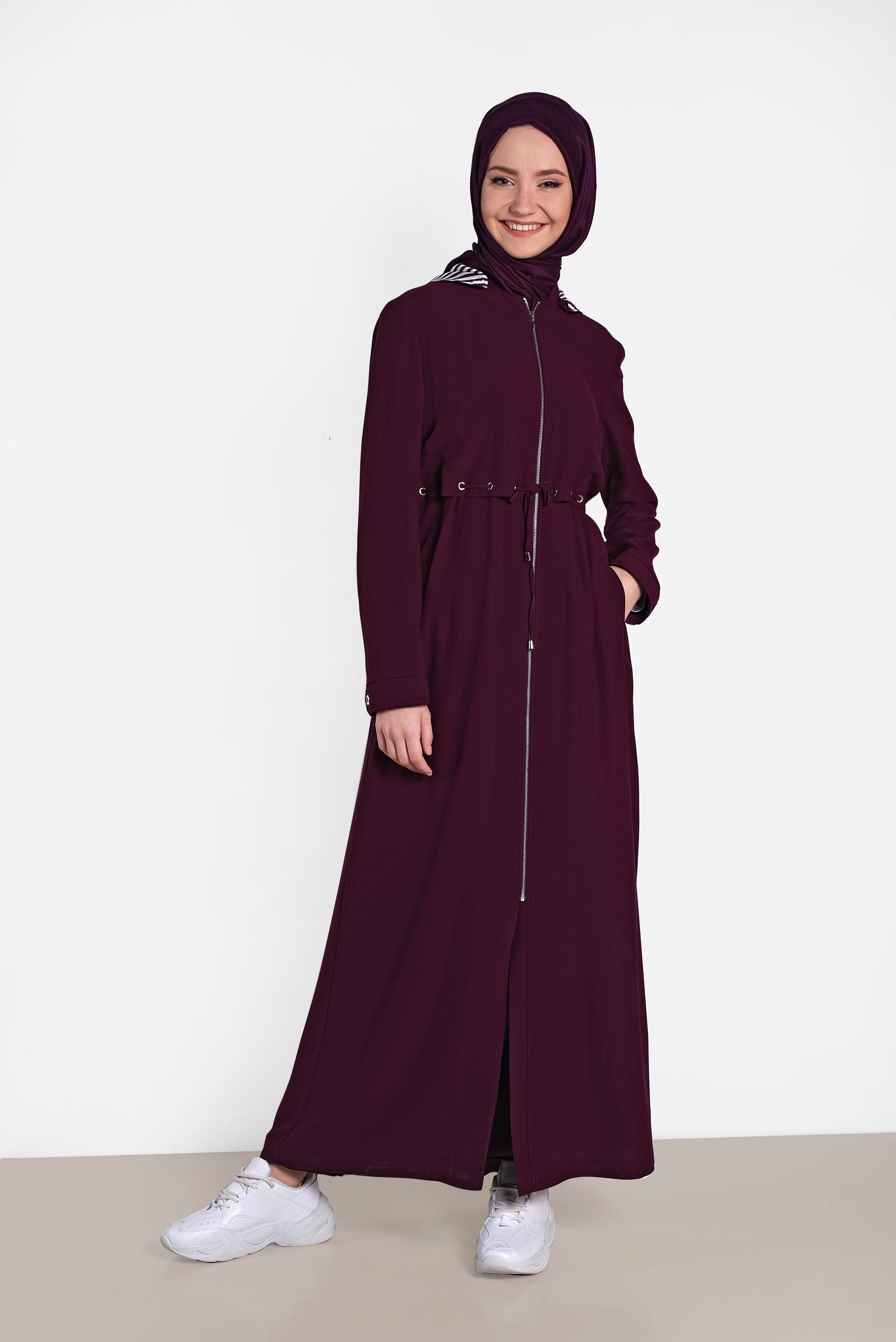 Hijab clothing CLARET RED ZIPPERED HOODED TOPCOAT 1457