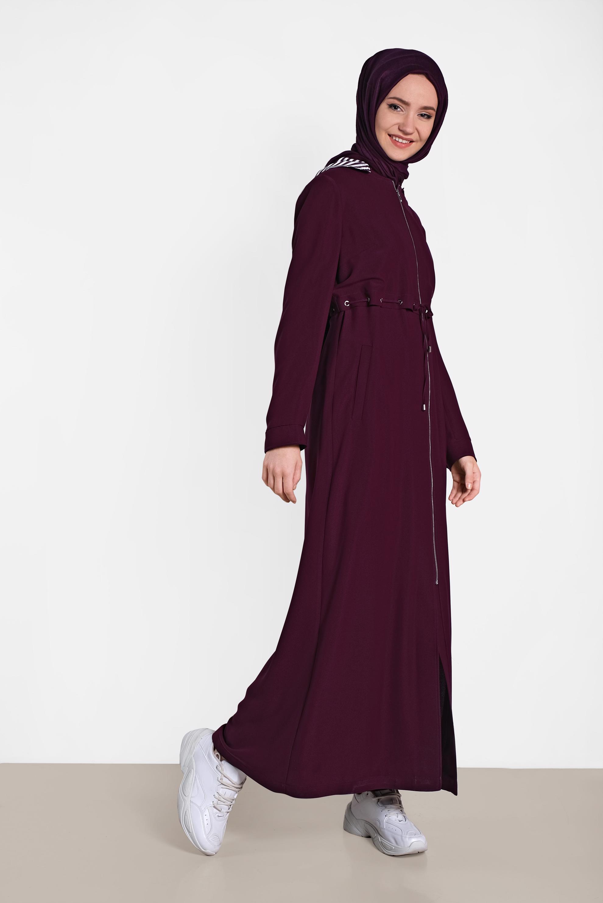 Hijab clothing CLARET RED ZIPPERED HOODED TOPCOAT 1457