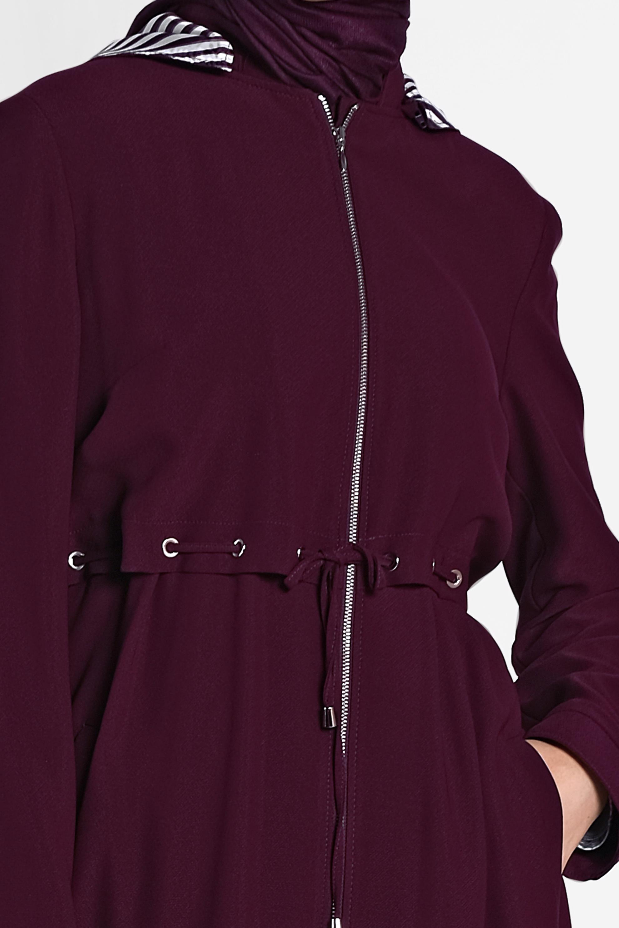 Hijab clothing CLARET RED ZIPPERED HOODED TOPCOAT 1457