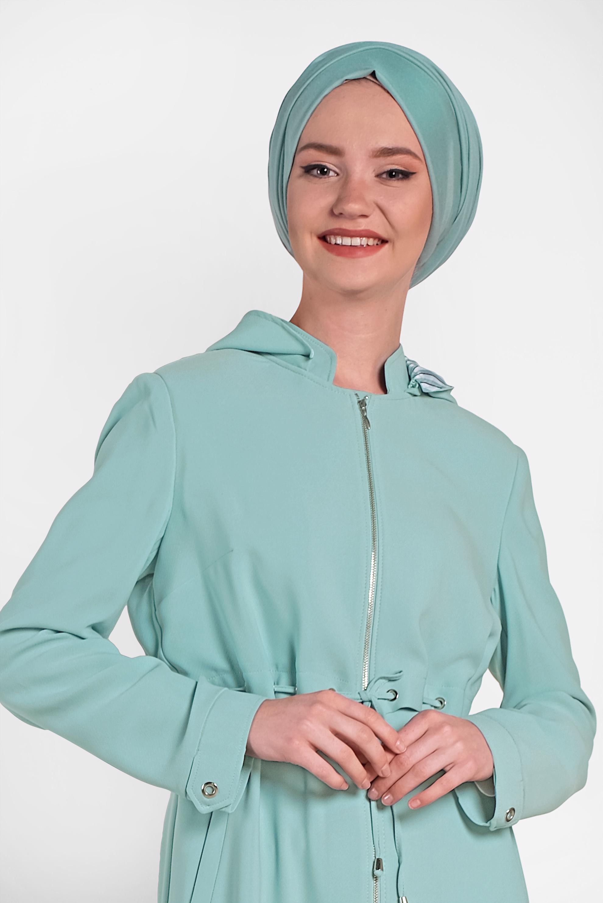 Hijab clothing GREEN ZIPPERED HOODED TOPCOAT 1457