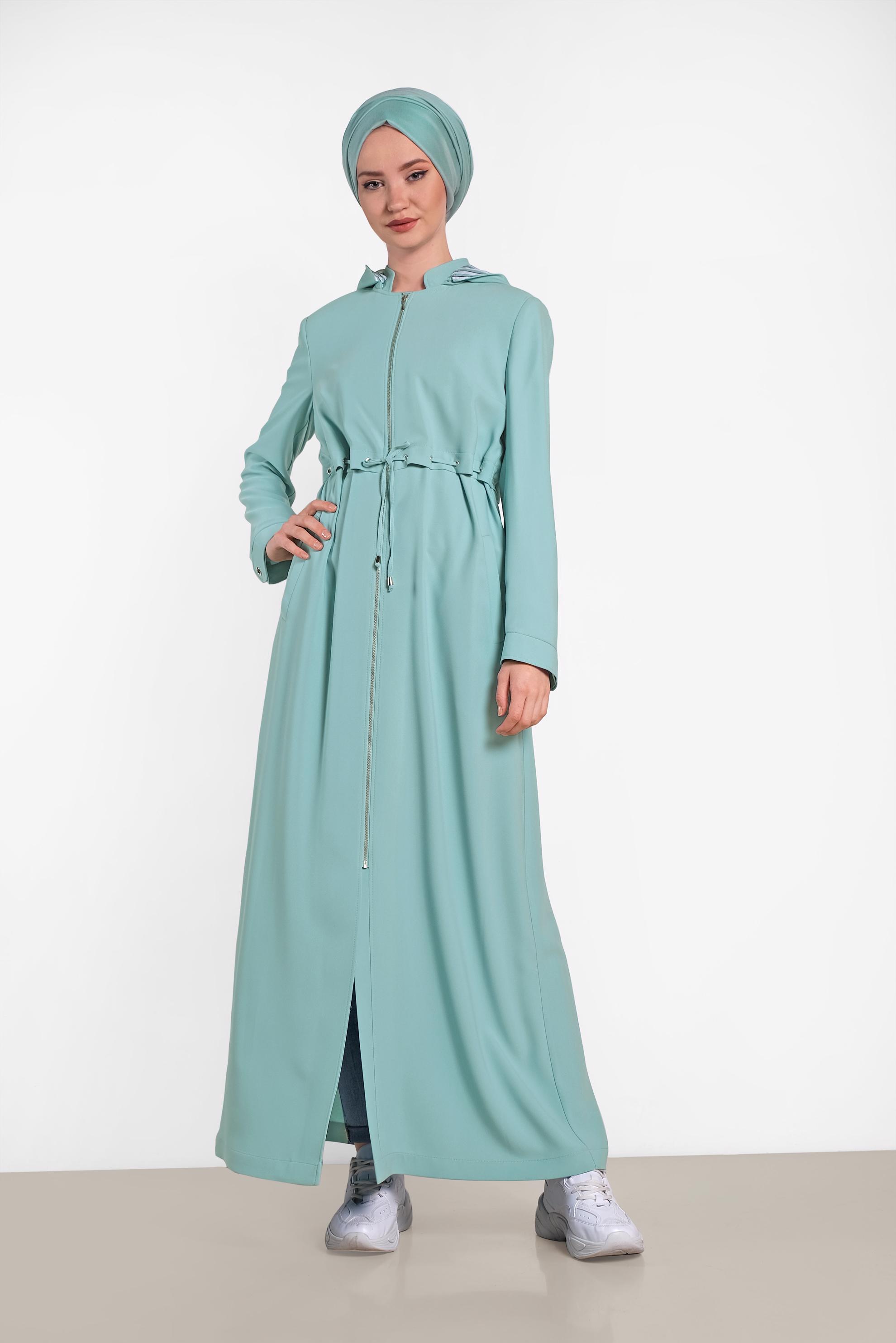 Hijab clothing GREEN ZIPPERED HOODED TOPCOAT 1457
