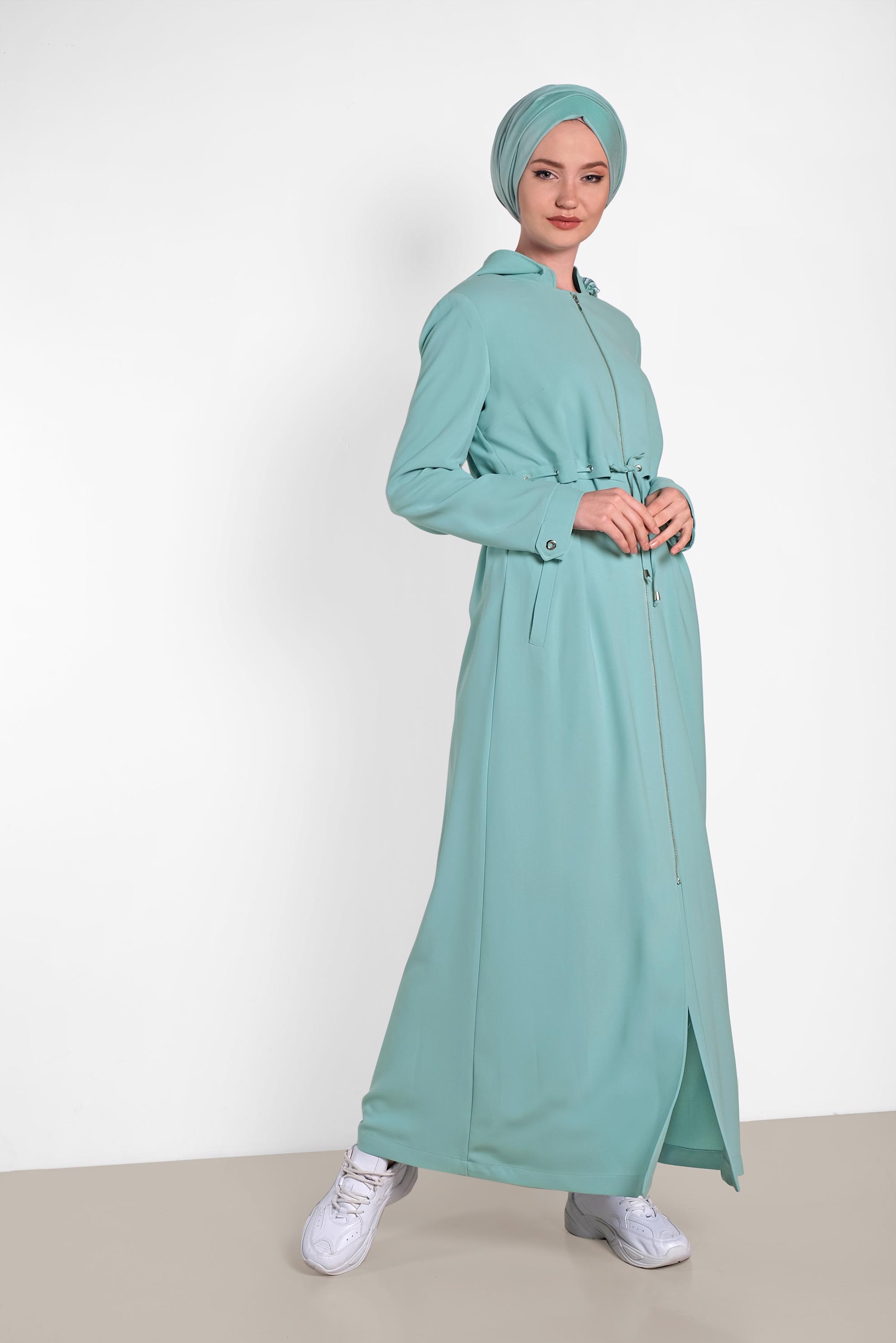 Hijab clothing GREEN ZIPPERED HOODED TOPCOAT 1457