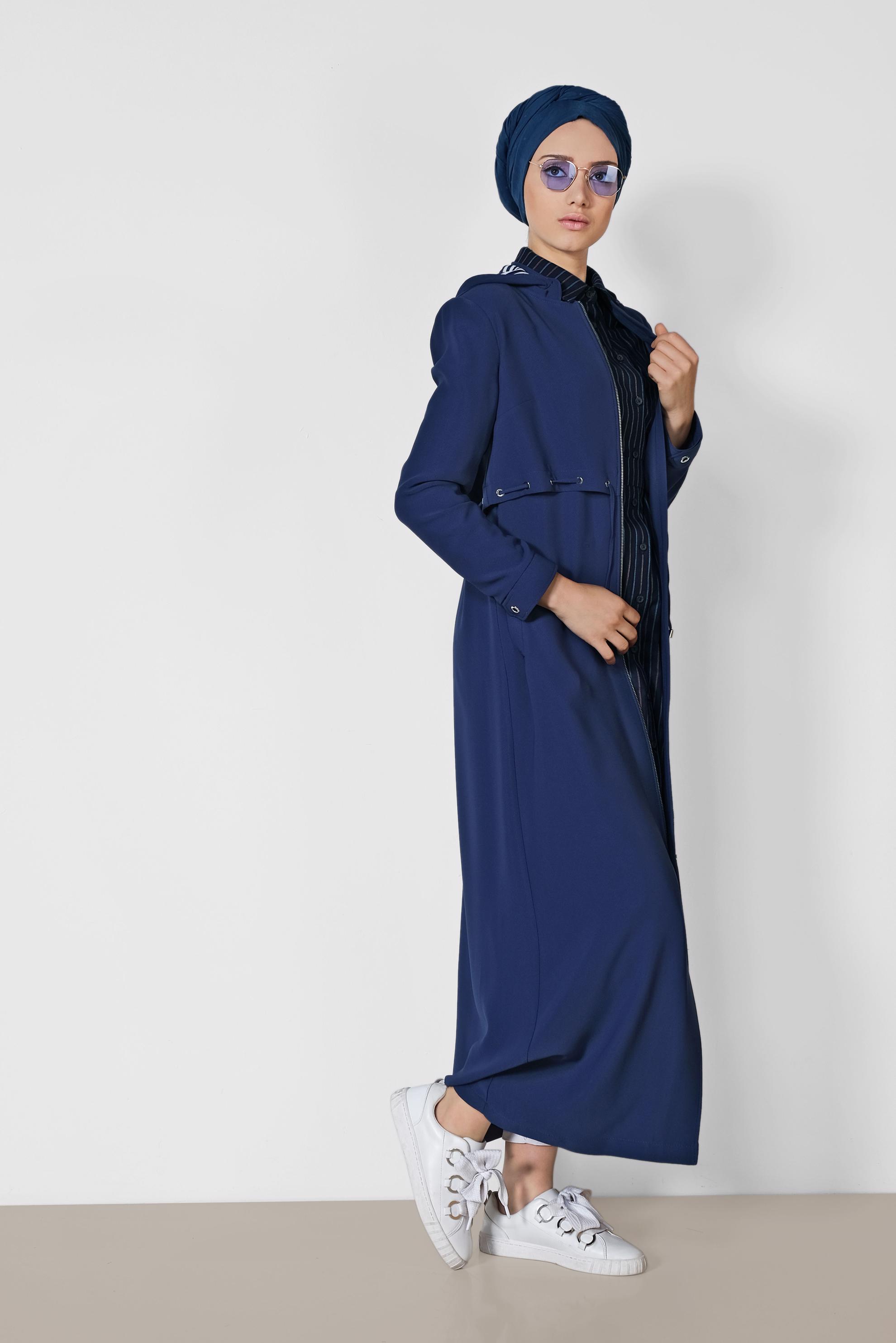 Tesettür giyim LACİVERT FERMUARLI KAPÜŞONLU PARDESÜ 1457