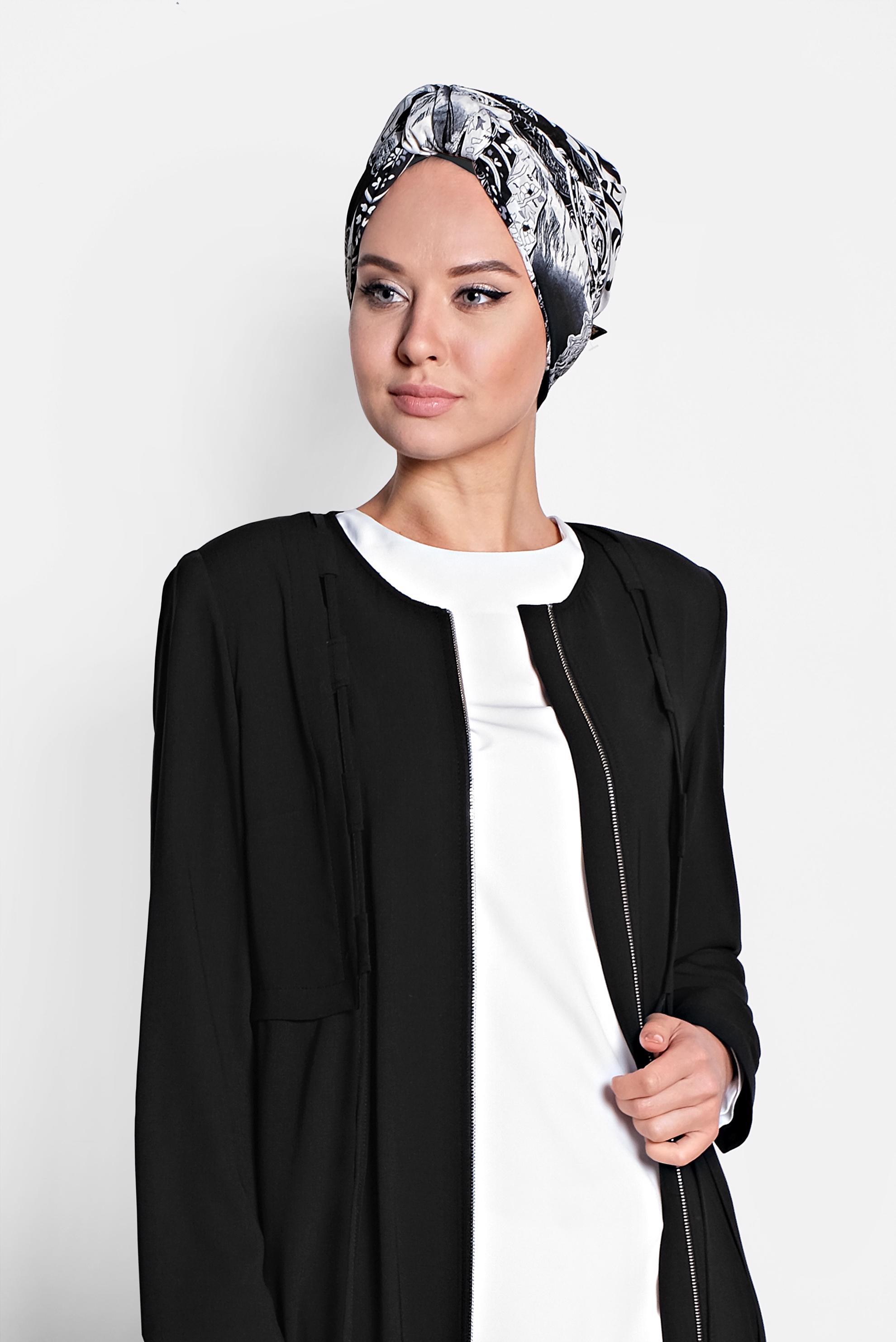 Hijab clothing BLACK Laced Zippered Overcoat 1458 