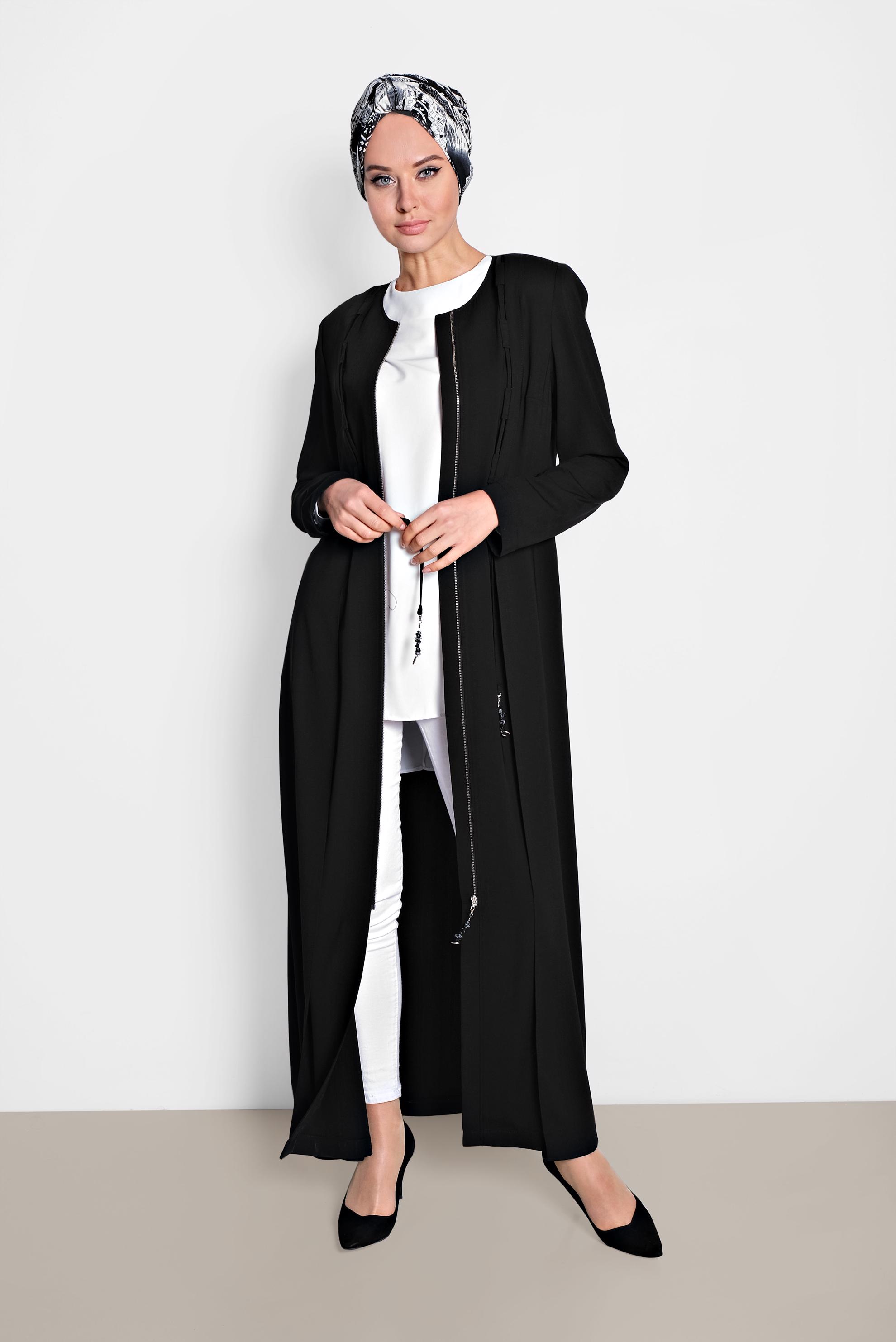 Hijab clothing BLACK Laced Zippered Overcoat 1458 