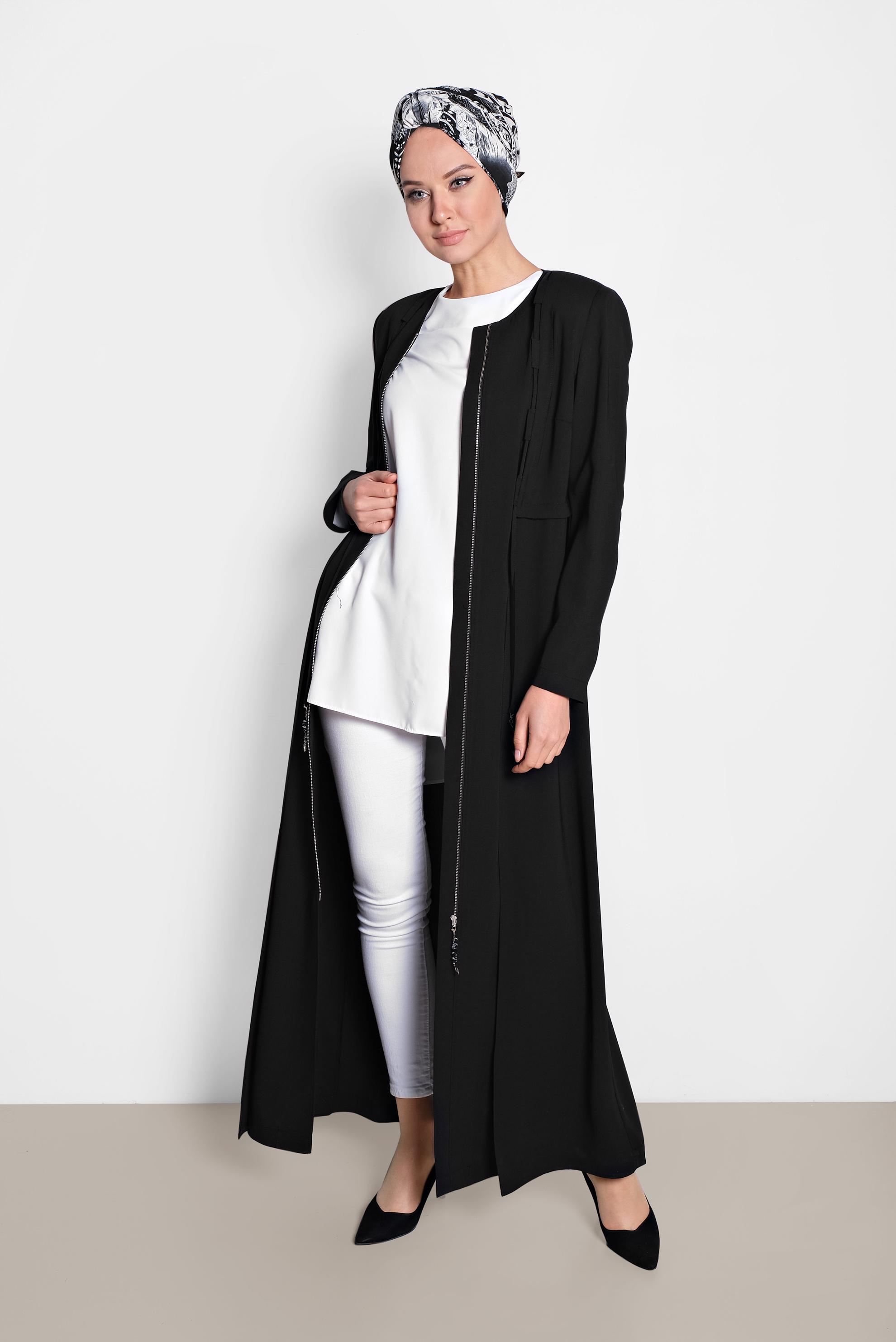 Hijab clothing BLACK Laced Zippered Overcoat 1458 