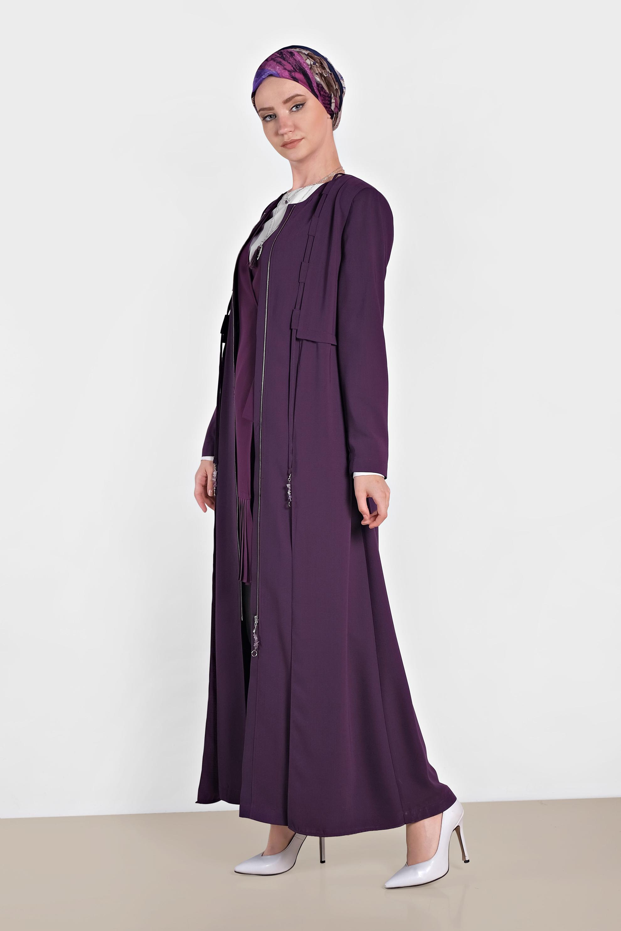 Tesettür giyim MOR BAĞCIKLI FERMUARLI PARDESÜ 1458