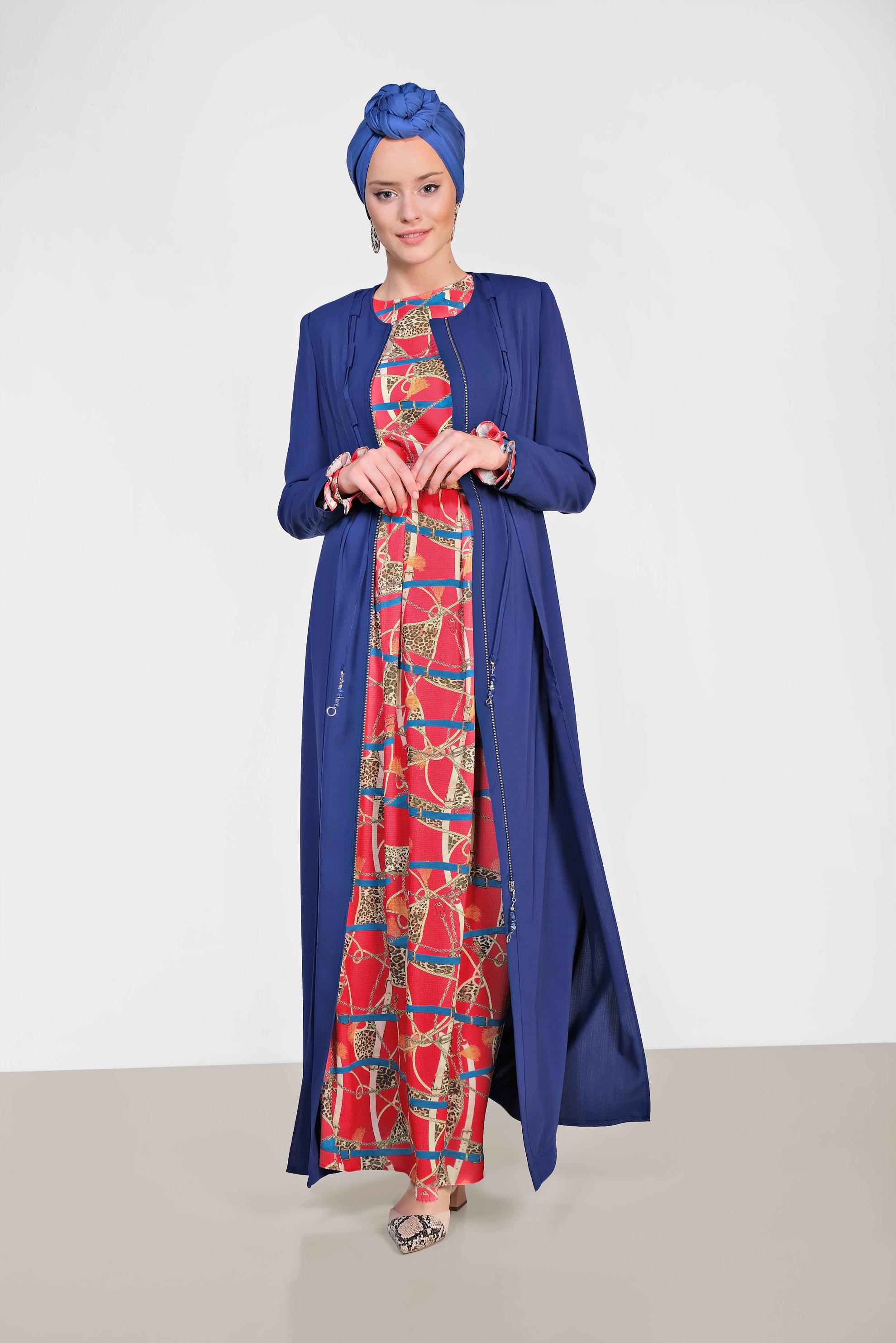 Hijab clothing NAVY BLUE Laced Zippered Overcoat 1458 