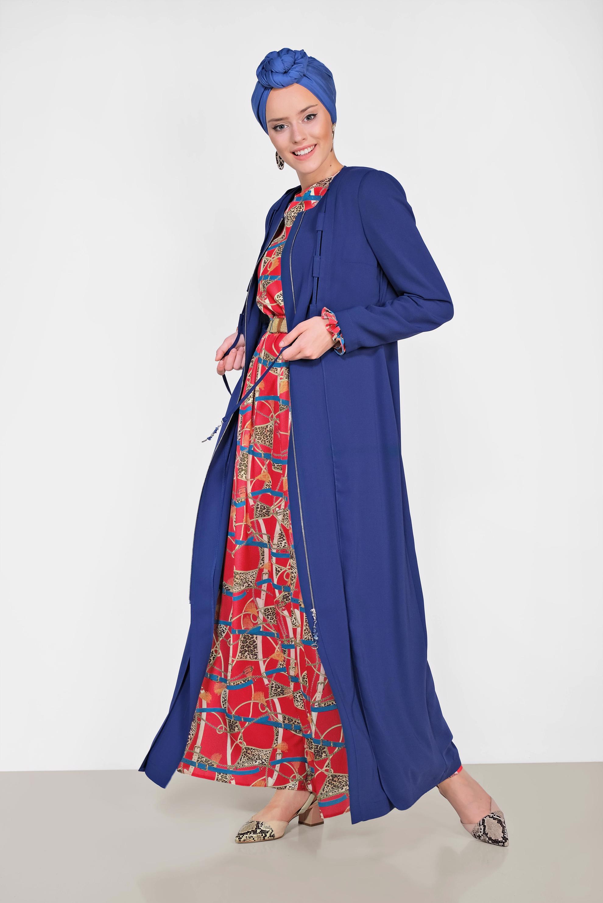 Hijab clothing NAVY BLUE Laced Zippered Overcoat 1458 
