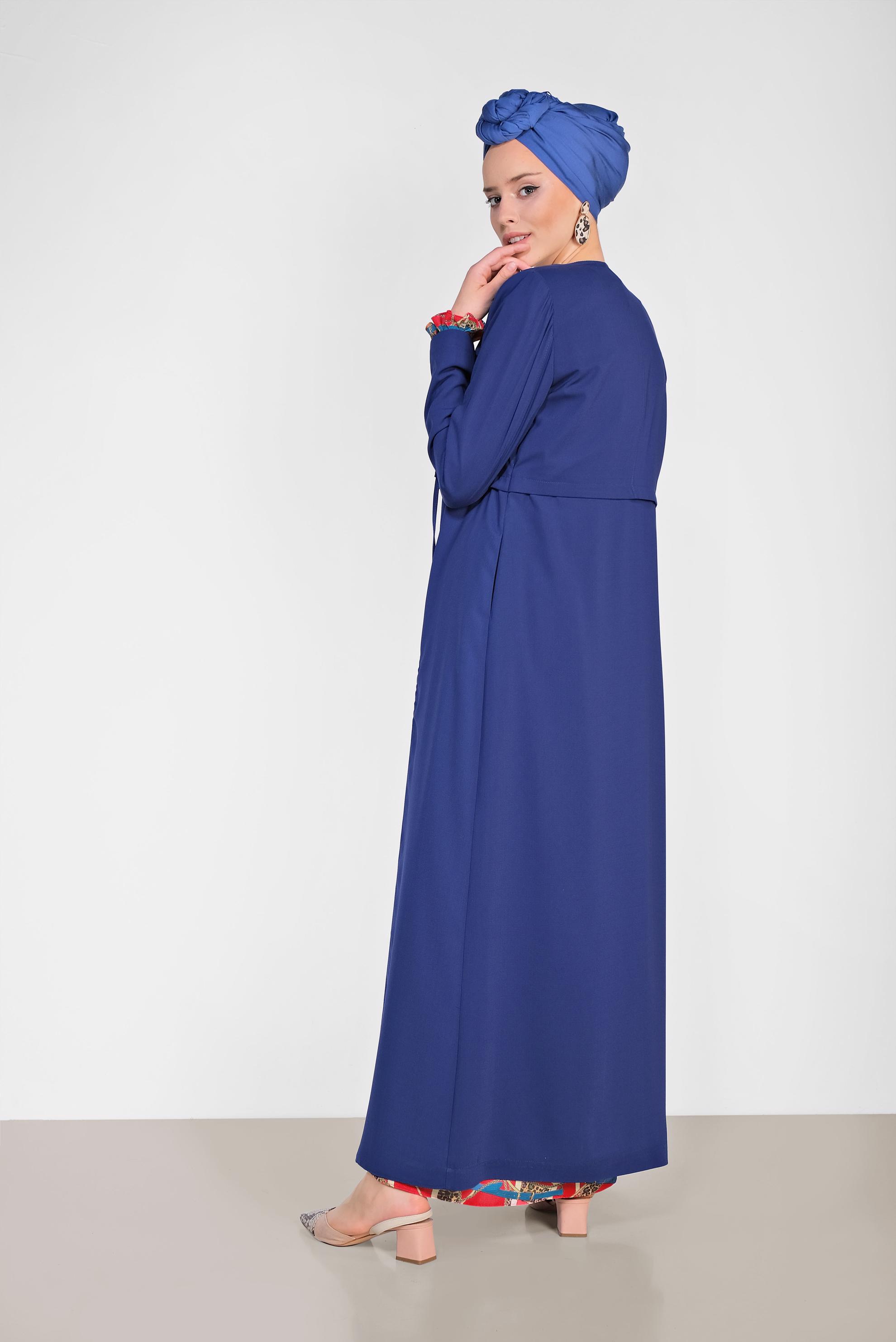 Hijab clothing NAVY BLUE Laced Zippered Overcoat 1458 