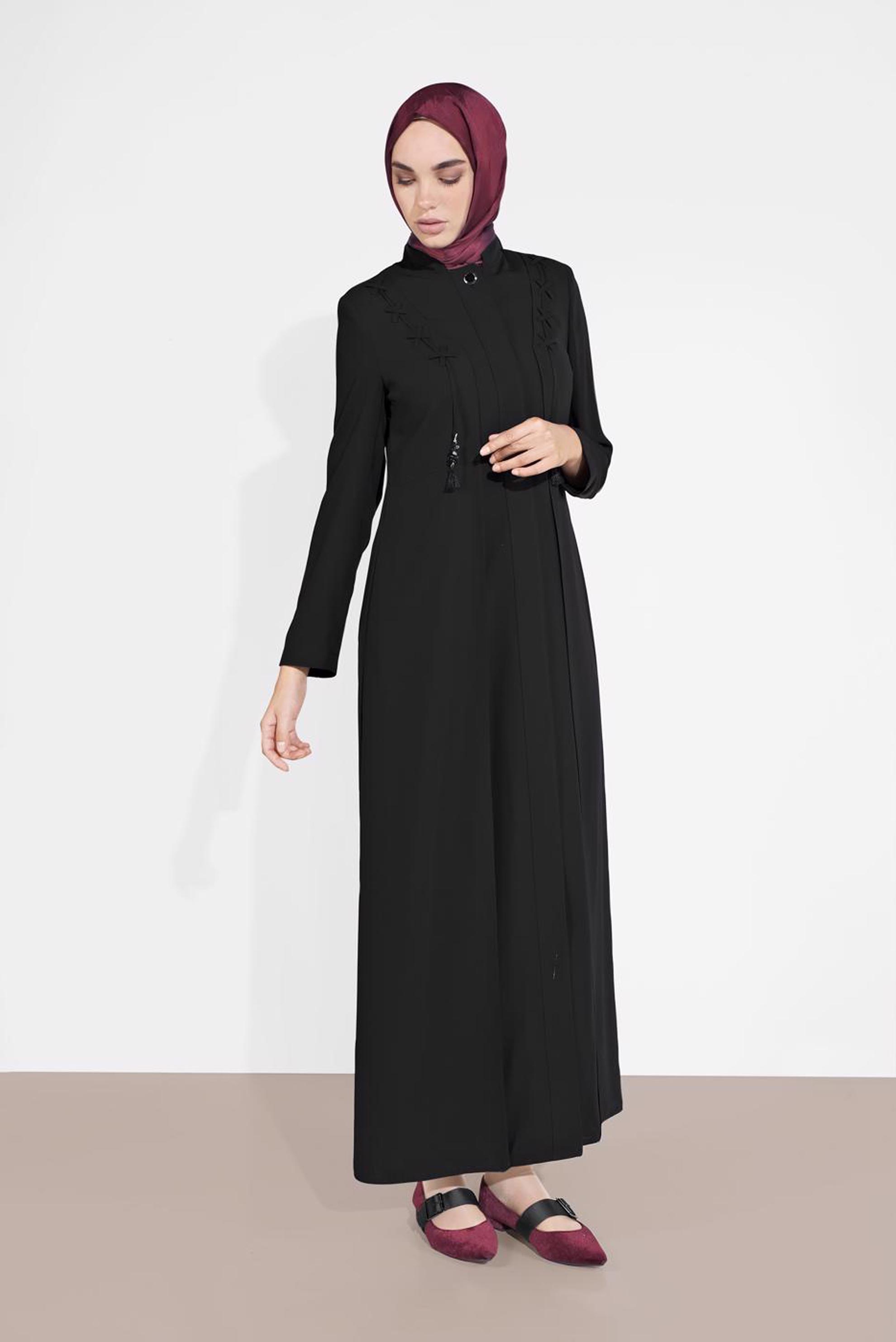 Tesettür giyim SİYAH GİZLİ DÜĞMELİ CEPLİ PARDESÜ 1461	