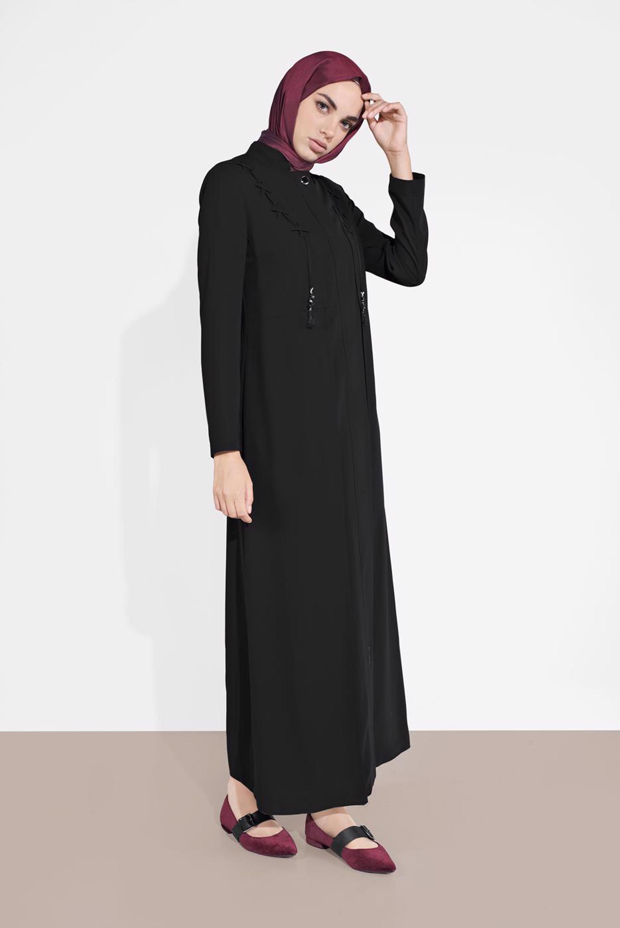 Tesettür giyim SİYAH GİZLİ DÜĞMELİ CEPLİ PARDESÜ 1461	