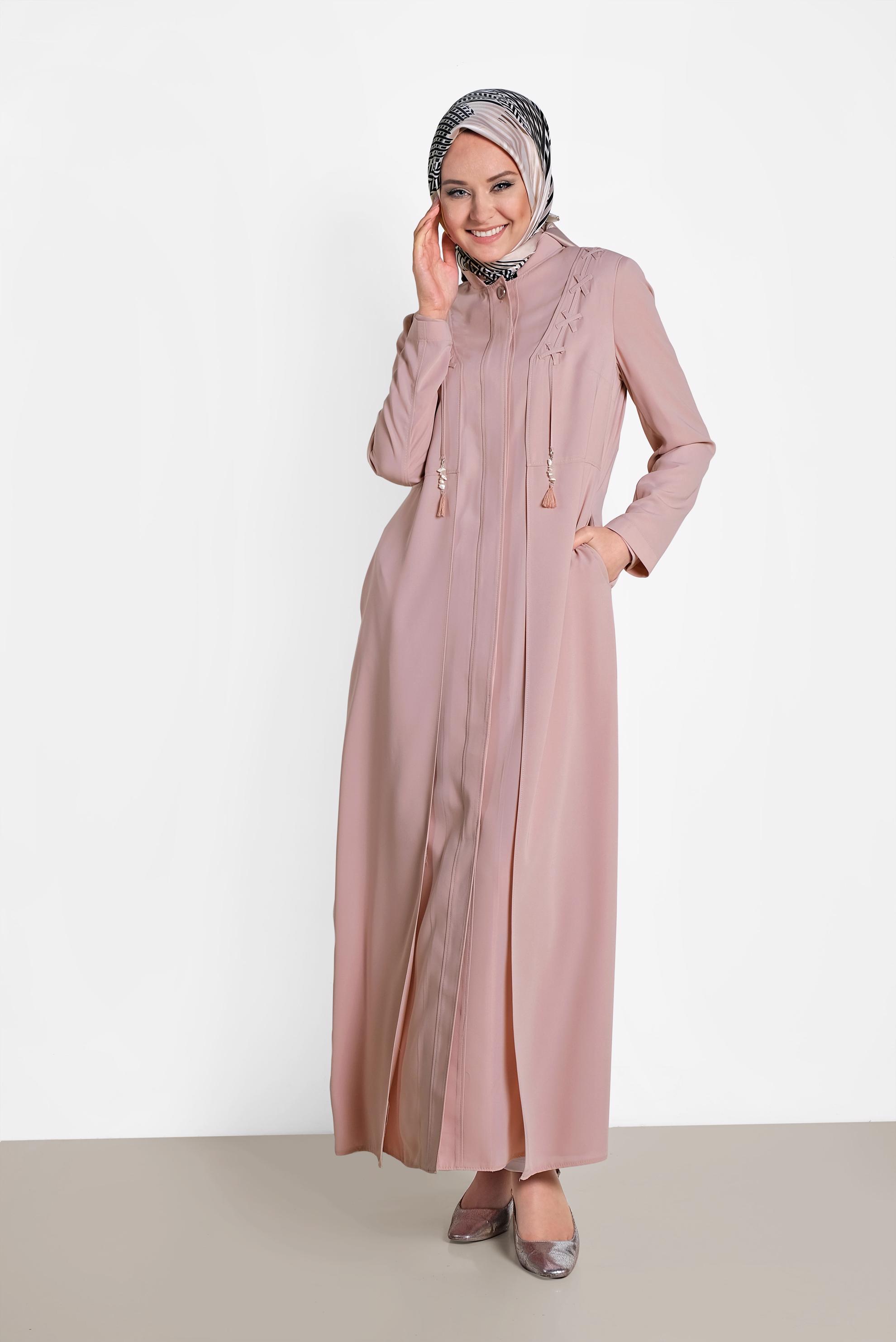 Tesettür giyim PUDRA GİZLİ DÜĞMELİ CEPLİ PARDESÜ 1461	