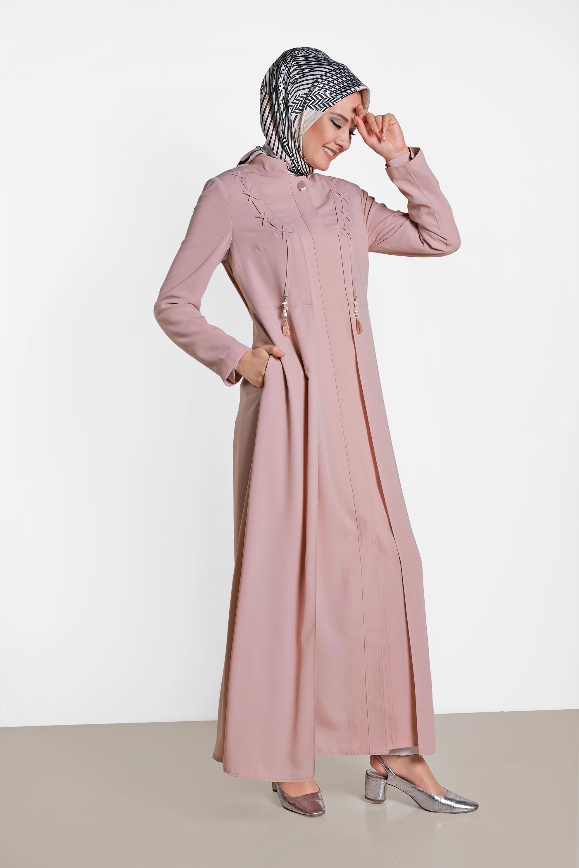 Tesettür giyim PUDRA GİZLİ DÜĞMELİ CEPLİ PARDESÜ 1461	