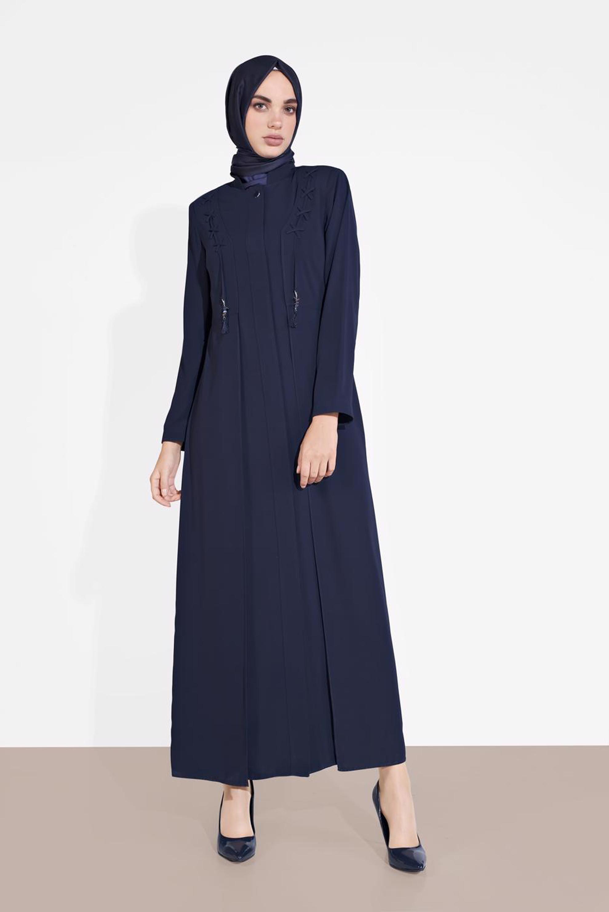 Tesettür giyim LACİVERT GİZLİ DÜĞMELİ CEPLİ PARDESÜ 1461	