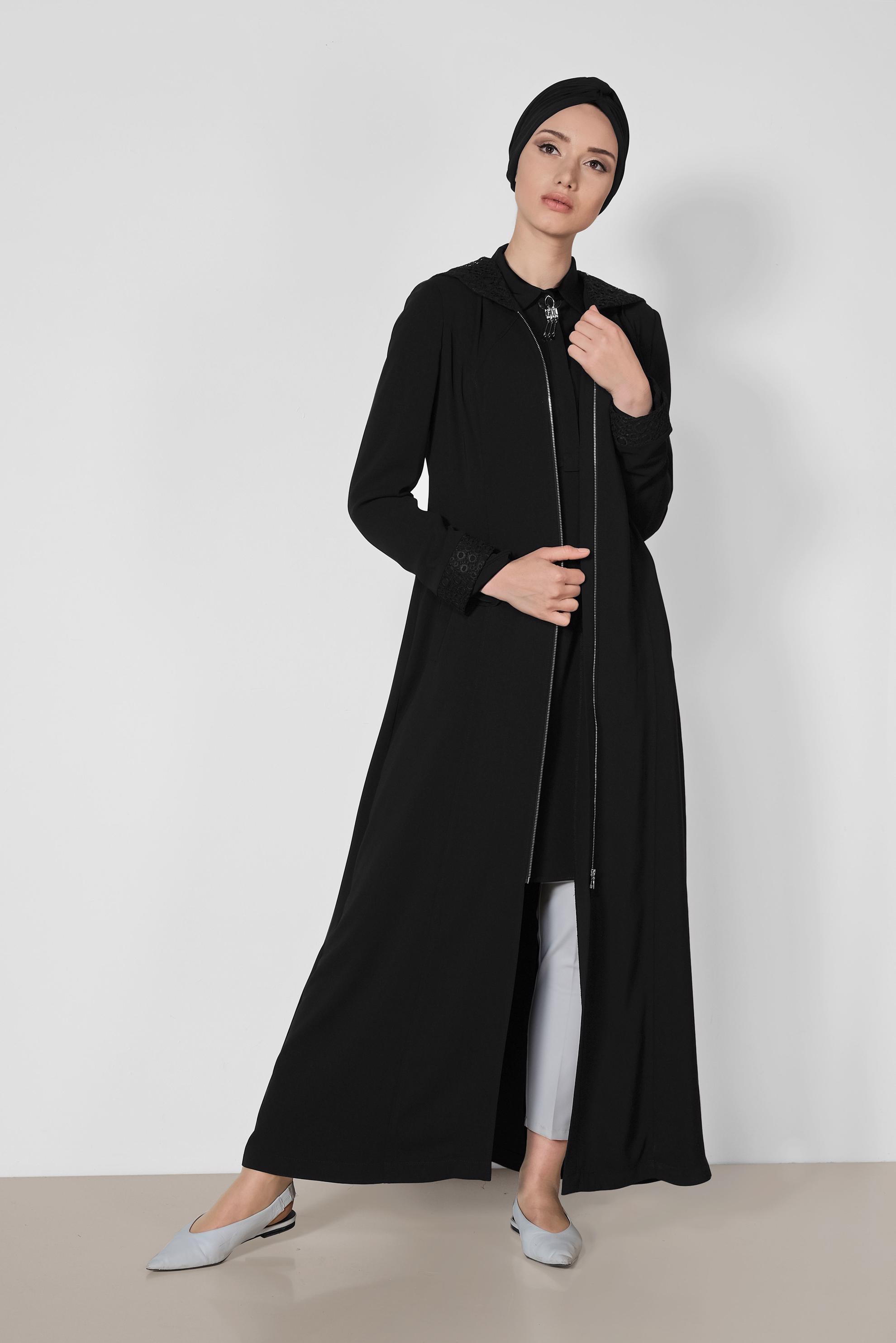 Tesettür giyim SİYAH DANTEL DETAYLI PARDESÜ 1462
