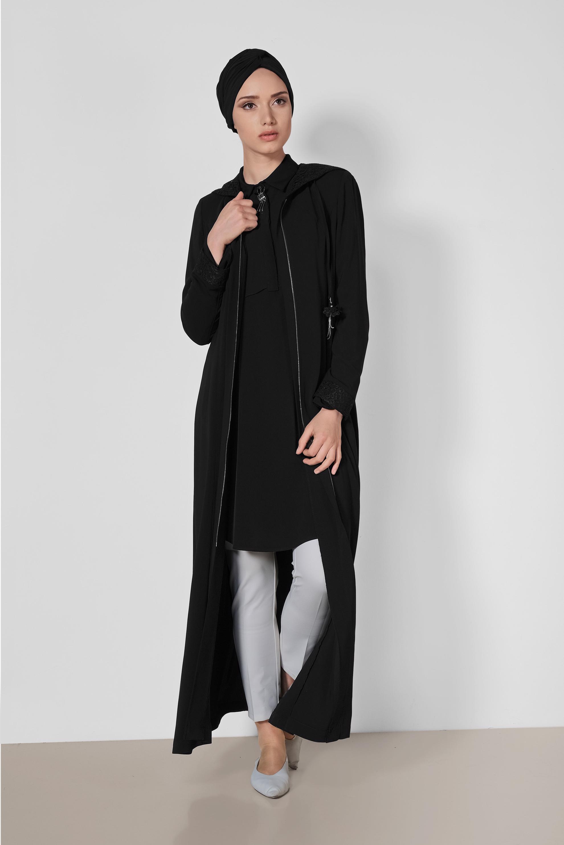 Tesettür giyim SİYAH DANTEL DETAYLI PARDESÜ 1462