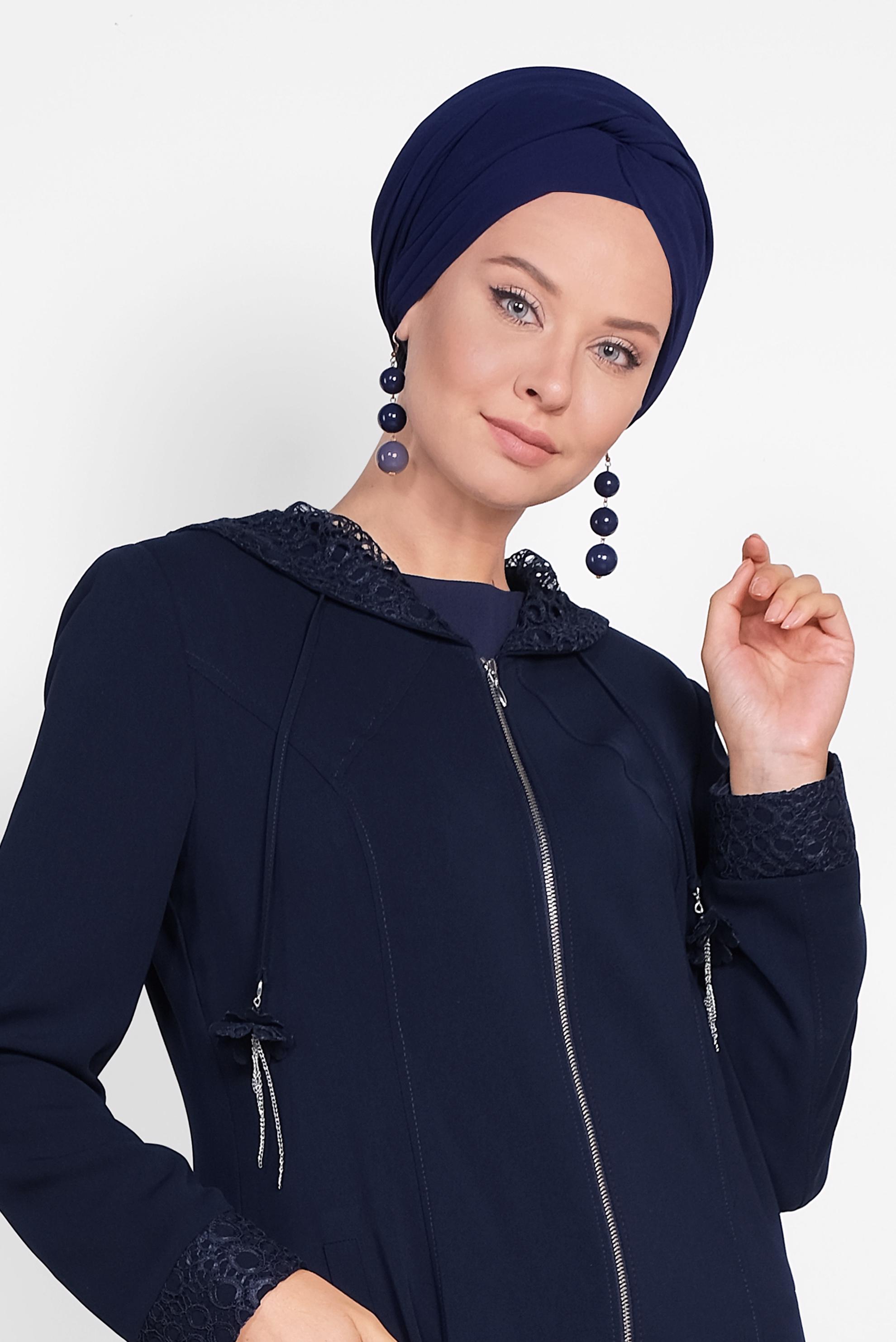 Hijab clothing NAVY BLUE Lace Detail Overcoat 1462 