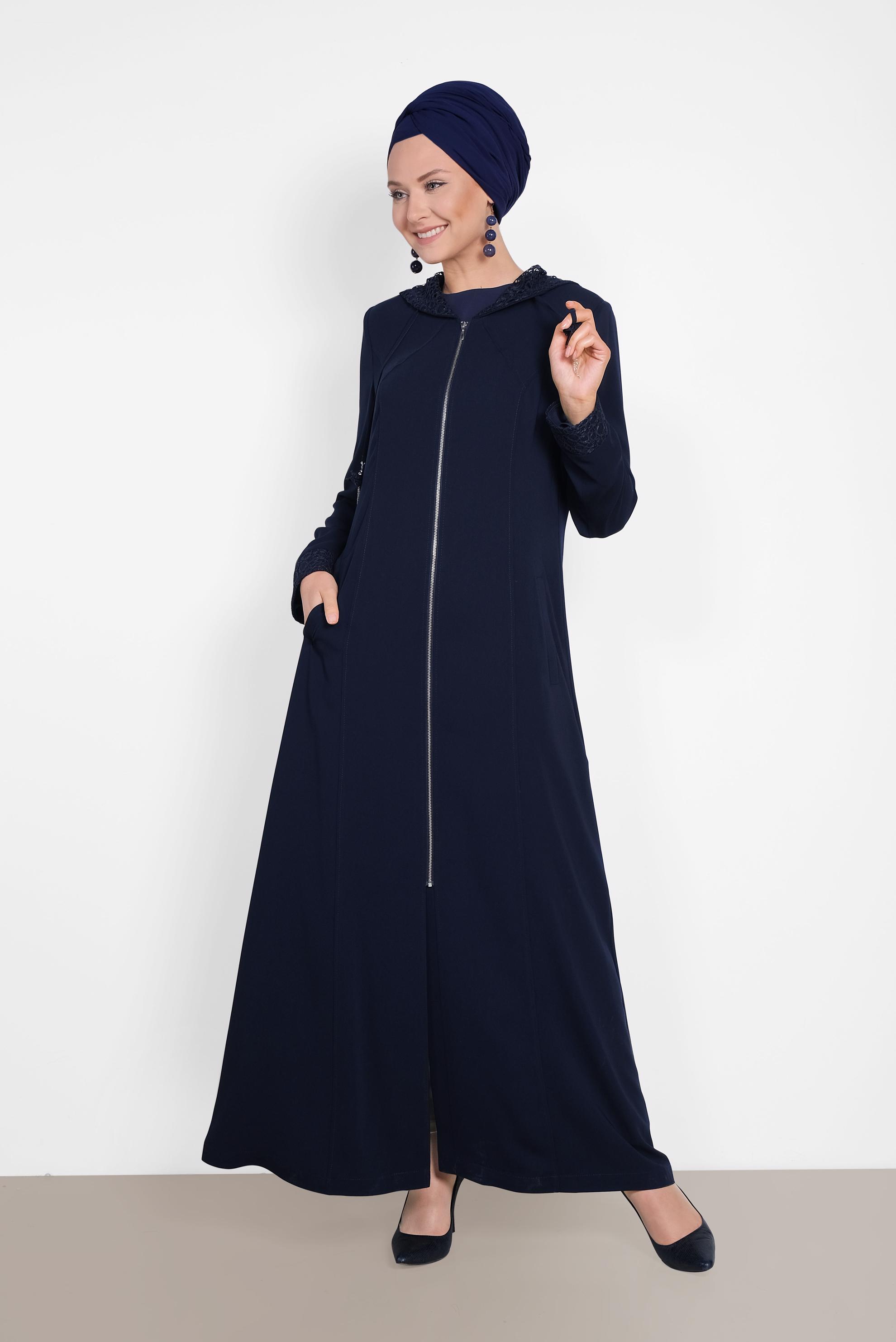 Hijab clothing NAVY BLUE Lace Detail Overcoat 1462 